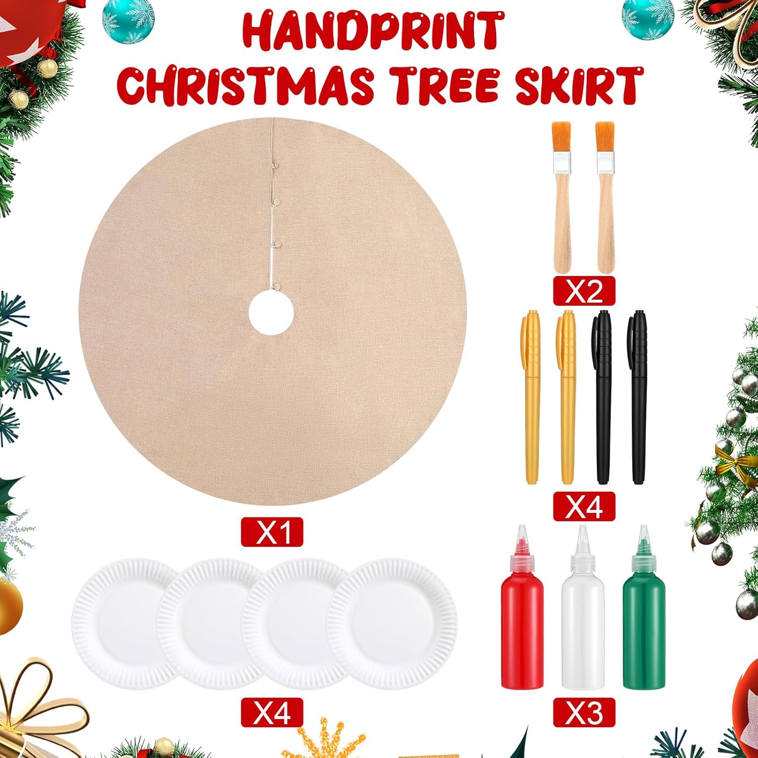 Sosation Handprint Christmas Tree Skirt Set 36 Inches Memory Making Burlap Christmas Tree Rustic Linen Xmas Skirt for Farmhouse Decorations