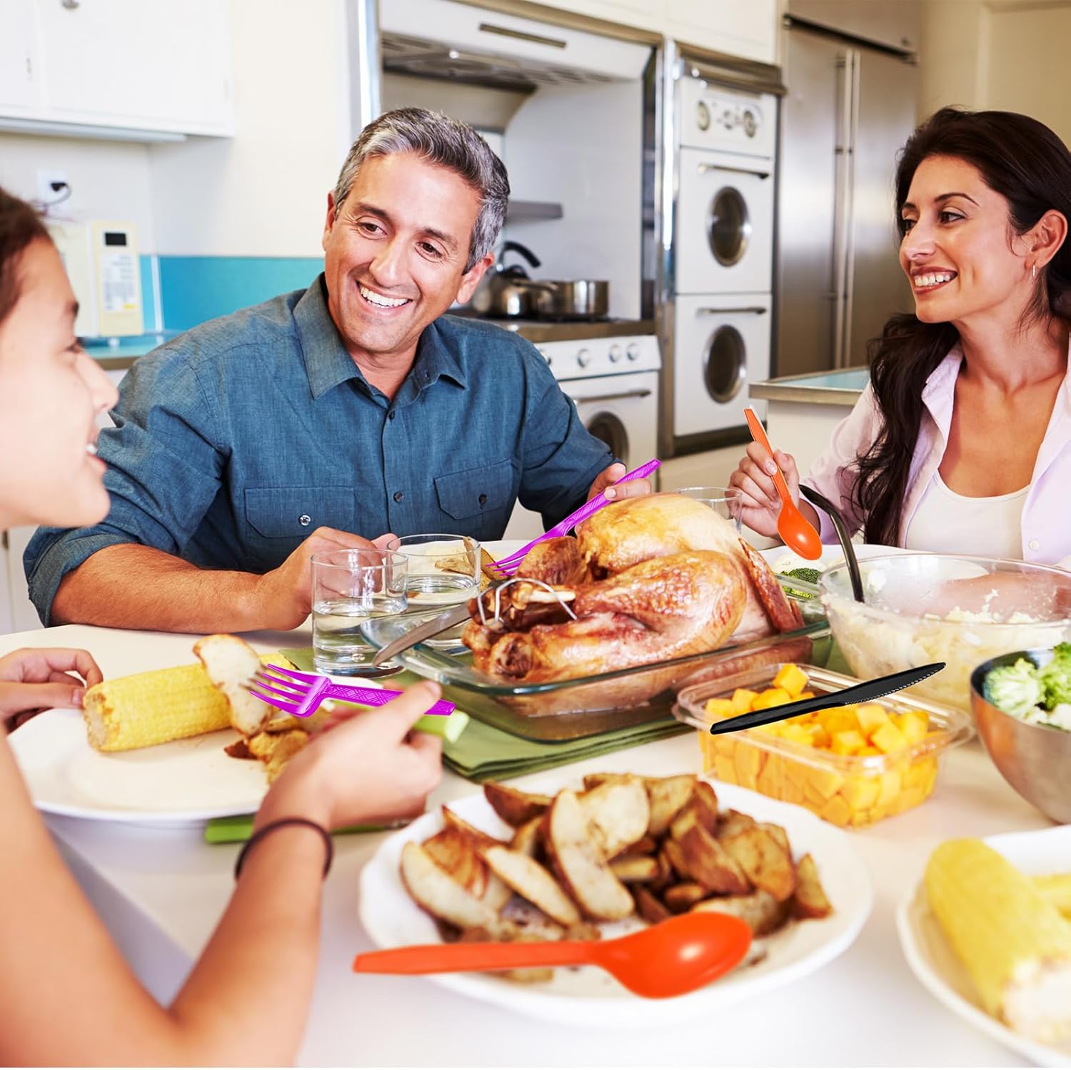 Cunhill 300 Pieces Halloween Plastic Cutlery Forks Spoons Knives Utensils Set Colored Black Orange Purple Disposable Tableware for Halloween Party Supplies