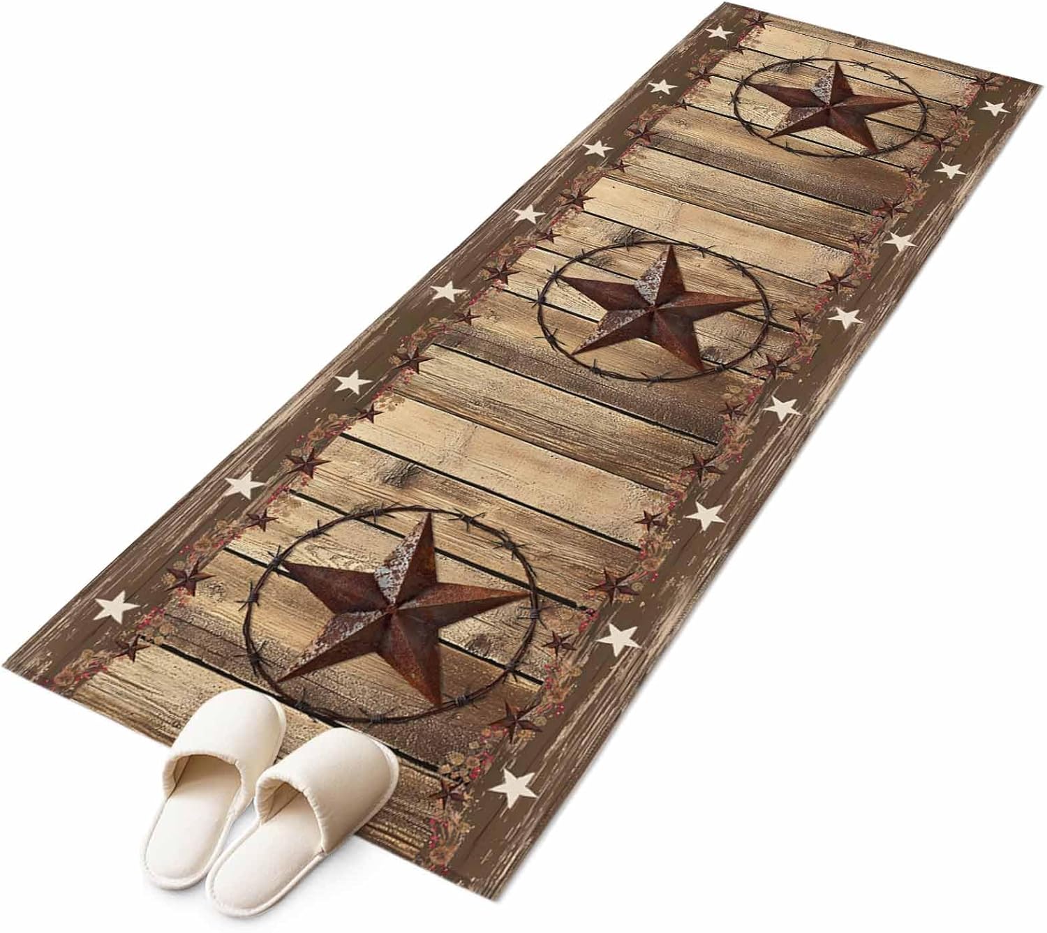 Runner Rug 2 x 6 Ft, Rustic Country Washable Non-Slip Floor Mat for Kitchen Hallway/Entryway, Western Stars Brown Texture Wooden Print Long Kitchen Runner Area Rugs for Living Room, Low-Profile