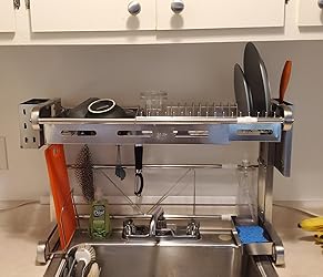Over The Sink Dish Drying Rack, SAYZH Width and Height Adjustable （ Fit Small and Large Sink Size From 22 inches to 36 inches ） Dish Racks Kitchen Countertop Supplies Storage, Silver