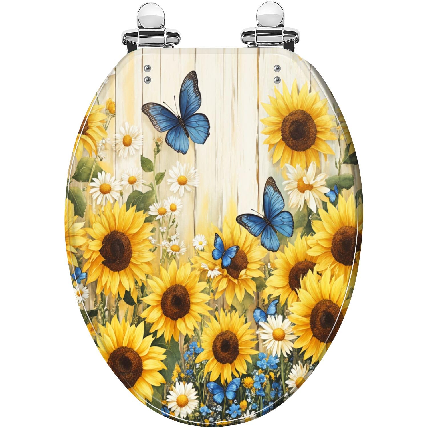Asiento de inodoro alargado con bisagras de cierre suave y liberación rápida. Decoración rústica para baño.