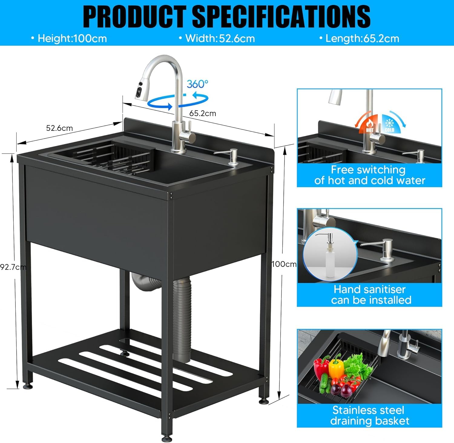 Lavello da cucina in acciaio inox, 1 vassoio professionale, 65 x 52 x 100 cm, indipendente con rubinetto e accessori, lavello esterno e interno, immersione in acciaio inox per cucina