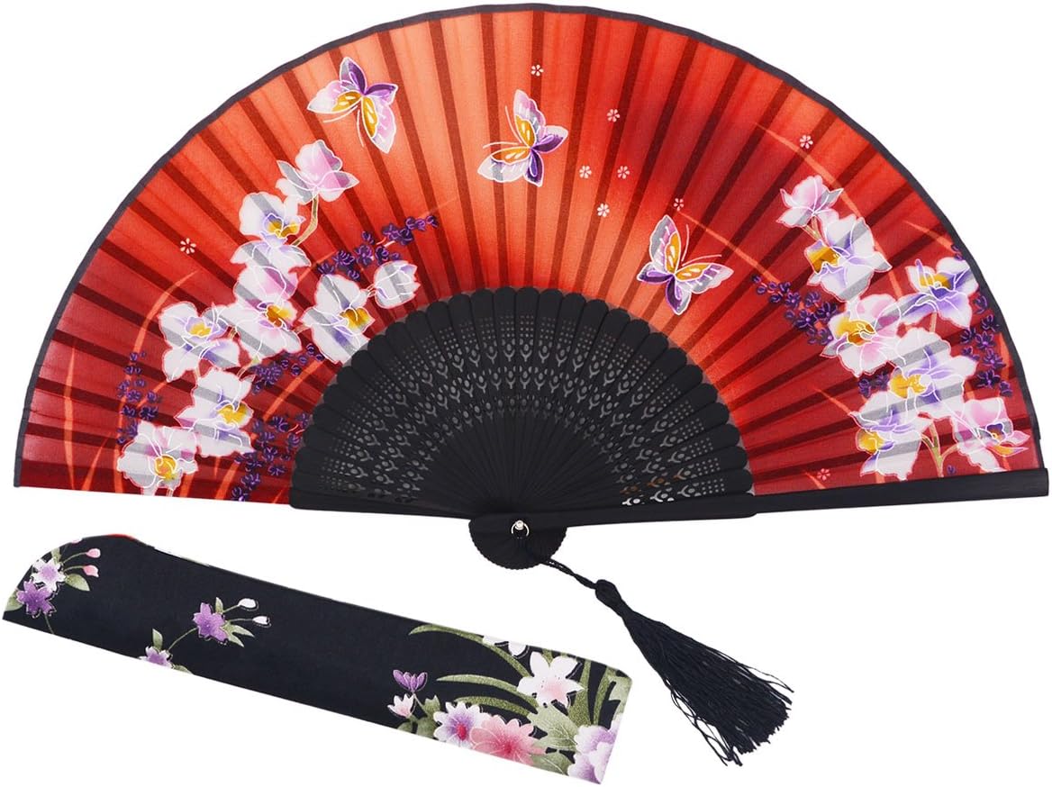 8.27" Women Folding Fan Hand Fan,Chinease/Japanese Vintage Retro Style (Red)