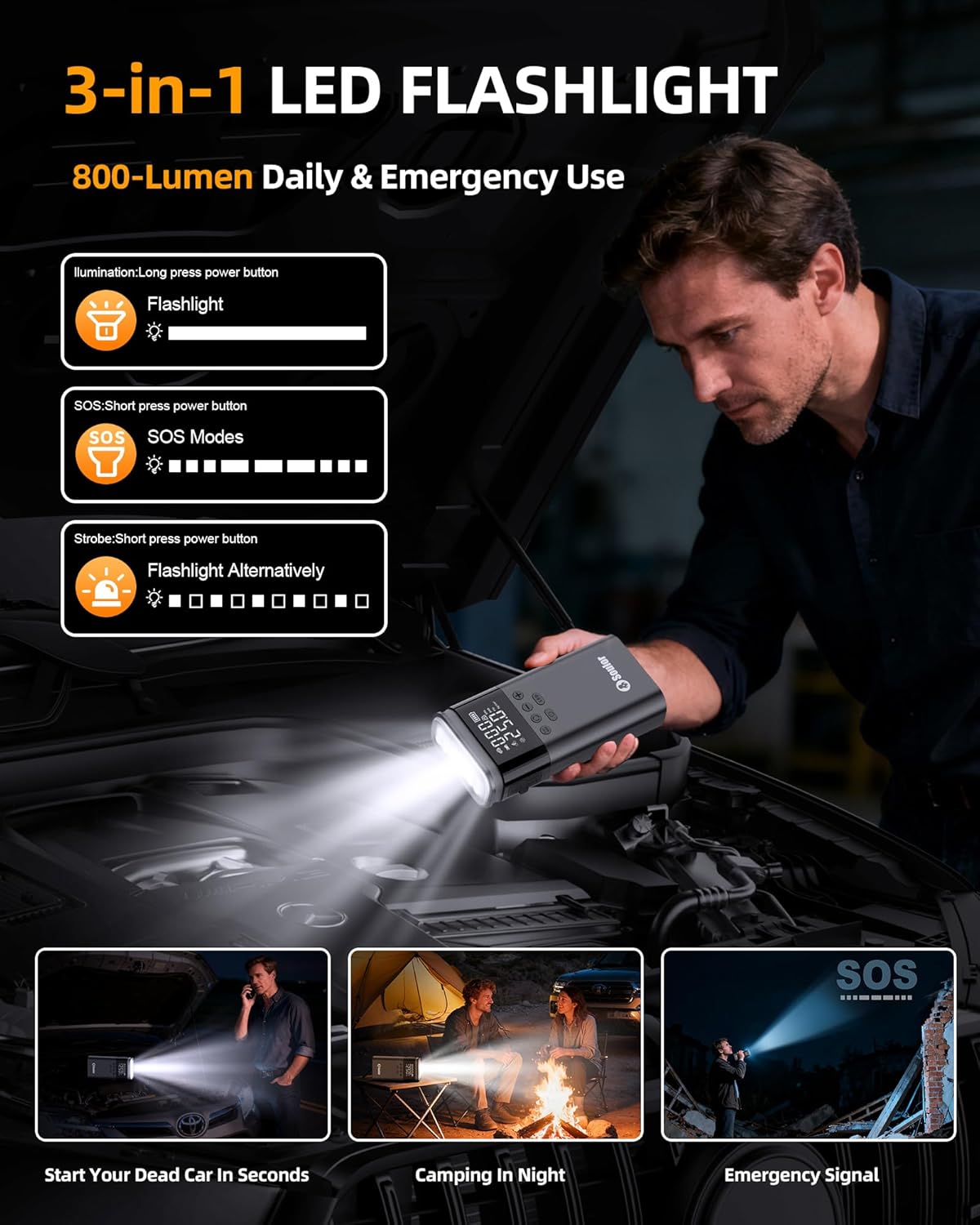 Jump Starter with Air Compressor, 6000A Battery Jumper Starter Portable, 12V Jump Box Car Jump Starter Portable with 150PSI Tire Inflator, LED Light, Gloves and Jumper Cables (14L Diesel All Cars)