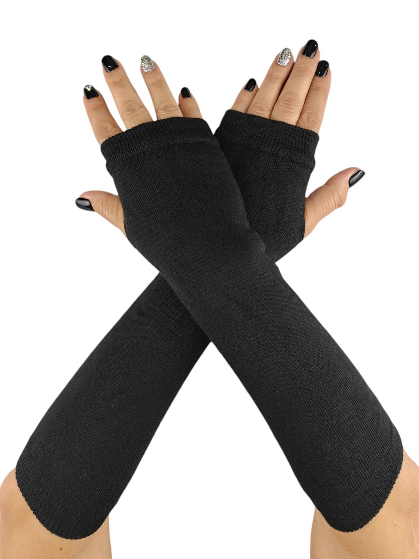Ro Rox Women's Black Gothic Fingerless Arm Warmers With Thumbholes & Grey Soft Knit Gloves,