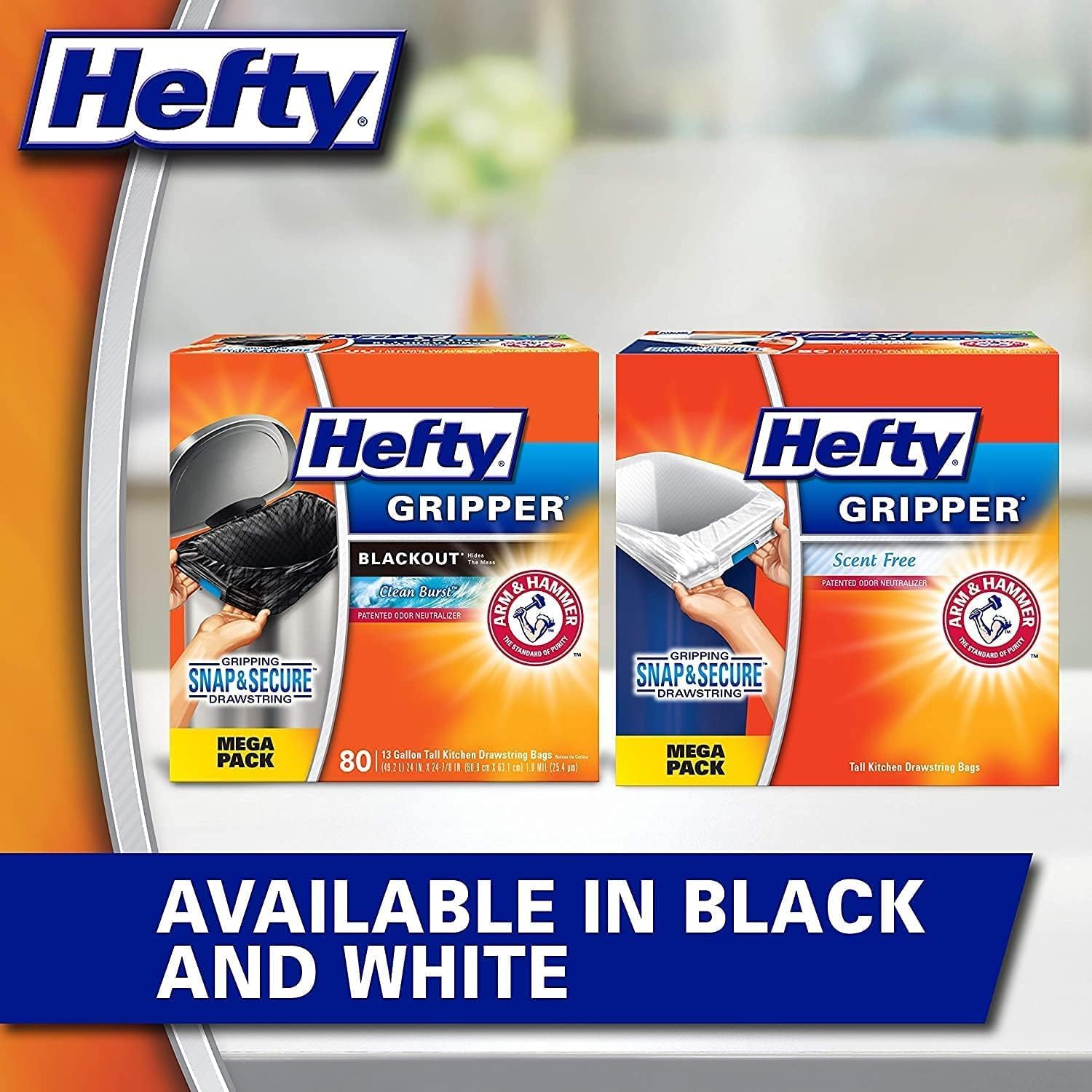 HEFTY Gripper Scented Kitchen Bags Drawstring Plastic Black, 80 Count (Pack of 2)
