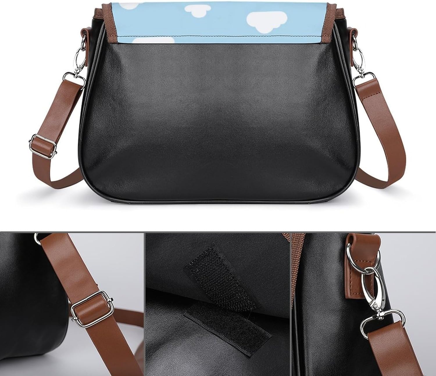 White Clouds Cartoon BlueWomen's Faux Leather Crossbody Bag, Waterproof Wrinkle-Resistant Shoulder Bag with Detachable Strap, Large Capacity Casual Handbag, Fashion Daily Purse for Shopping Work Datin