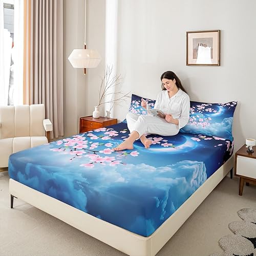 Miniatura 5 de Juego de sábanas de 4 piezas, diseño floral, tamaño King, diseño de flor de cerezo y cielo nocturno, juego de ropa de cama de microfibra cepillada