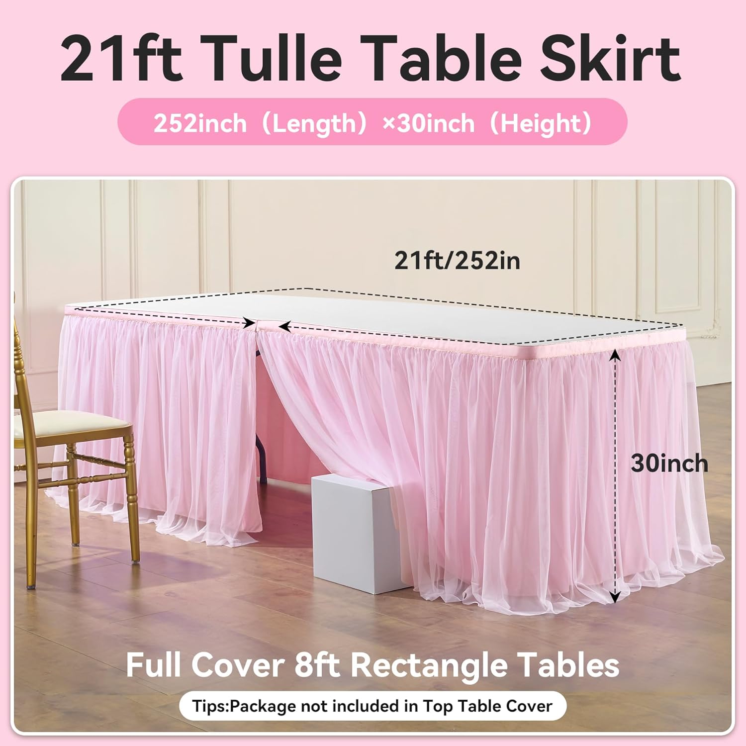 252in Baby Pink Tulle Table Skirts for Rectangle Tables 8ft, 2-Layer 21 ft Long Gold Grim Princess Pink Ruffle Tulle Tutu Table Skirt Cloth for Girl Birthday Baby Cake Dessert(No Table Cover)