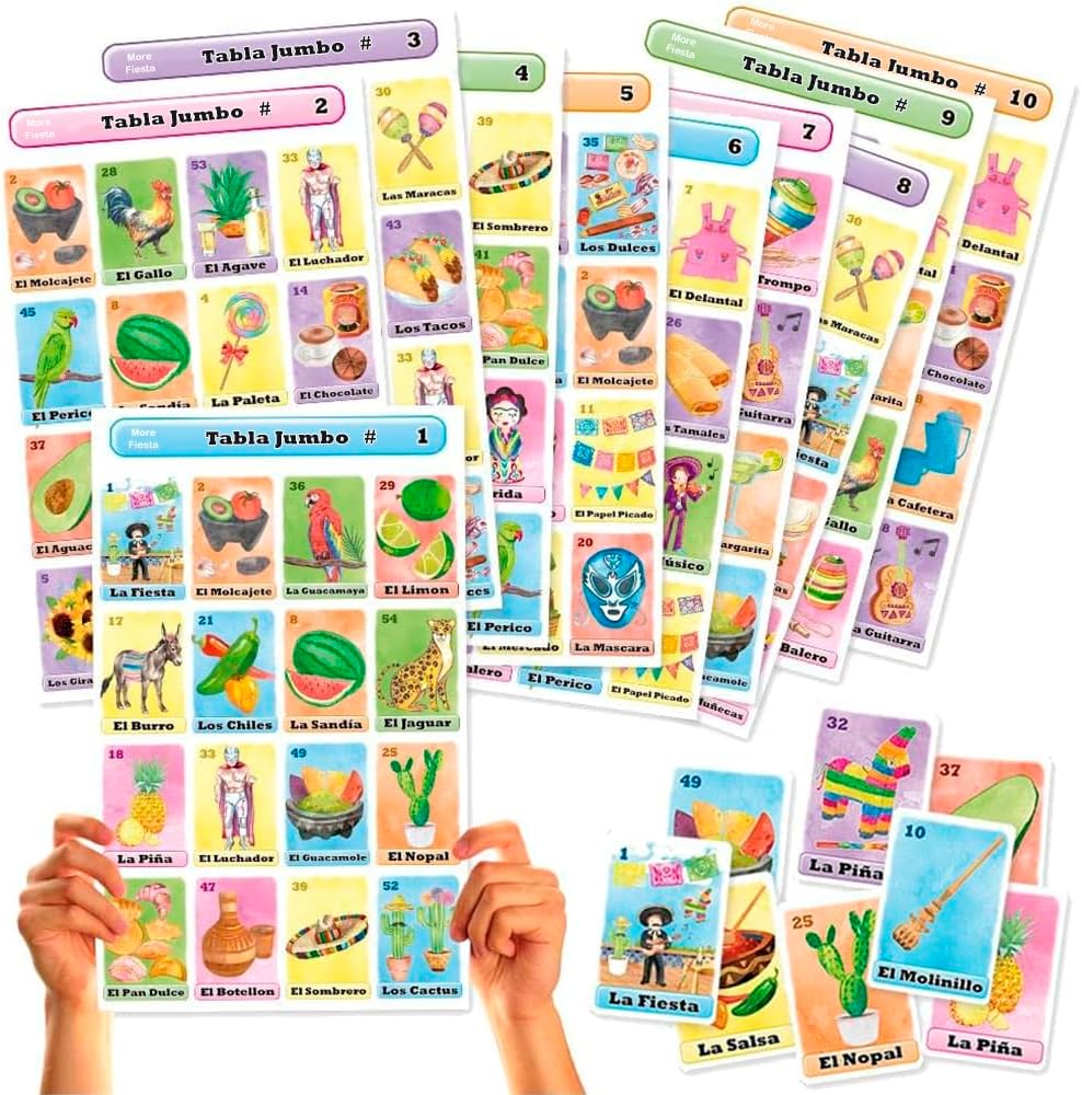 Loteria Fiesta Tamaño Jumbo en Español, para 10 Jugadores con 10