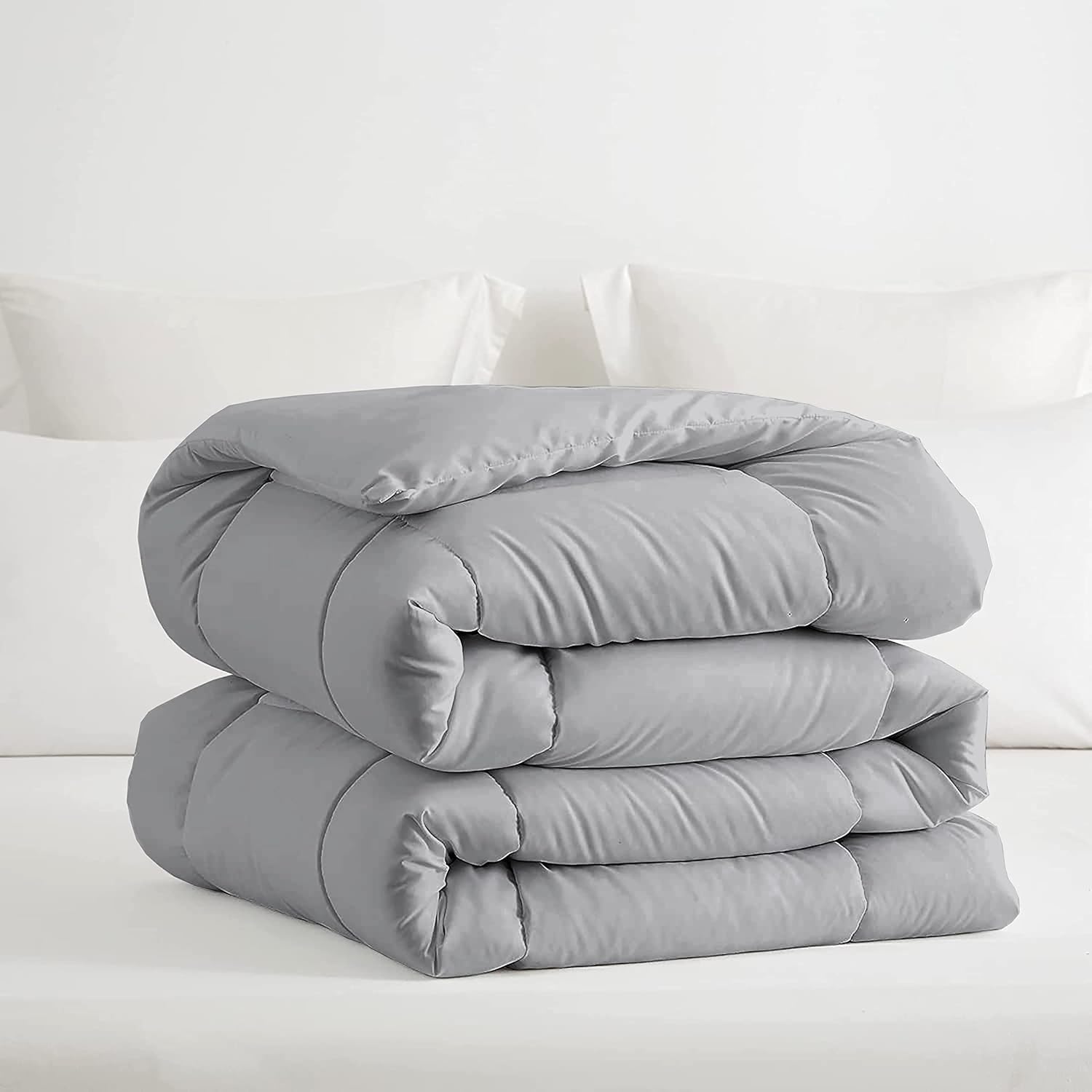 Microfiber Comforter Super Soft All Season-600 GSM Lightweight 6 Corner Ties Premium Quality Goose Down Comforter- Queen (90" X 90") Colour-Light Grey