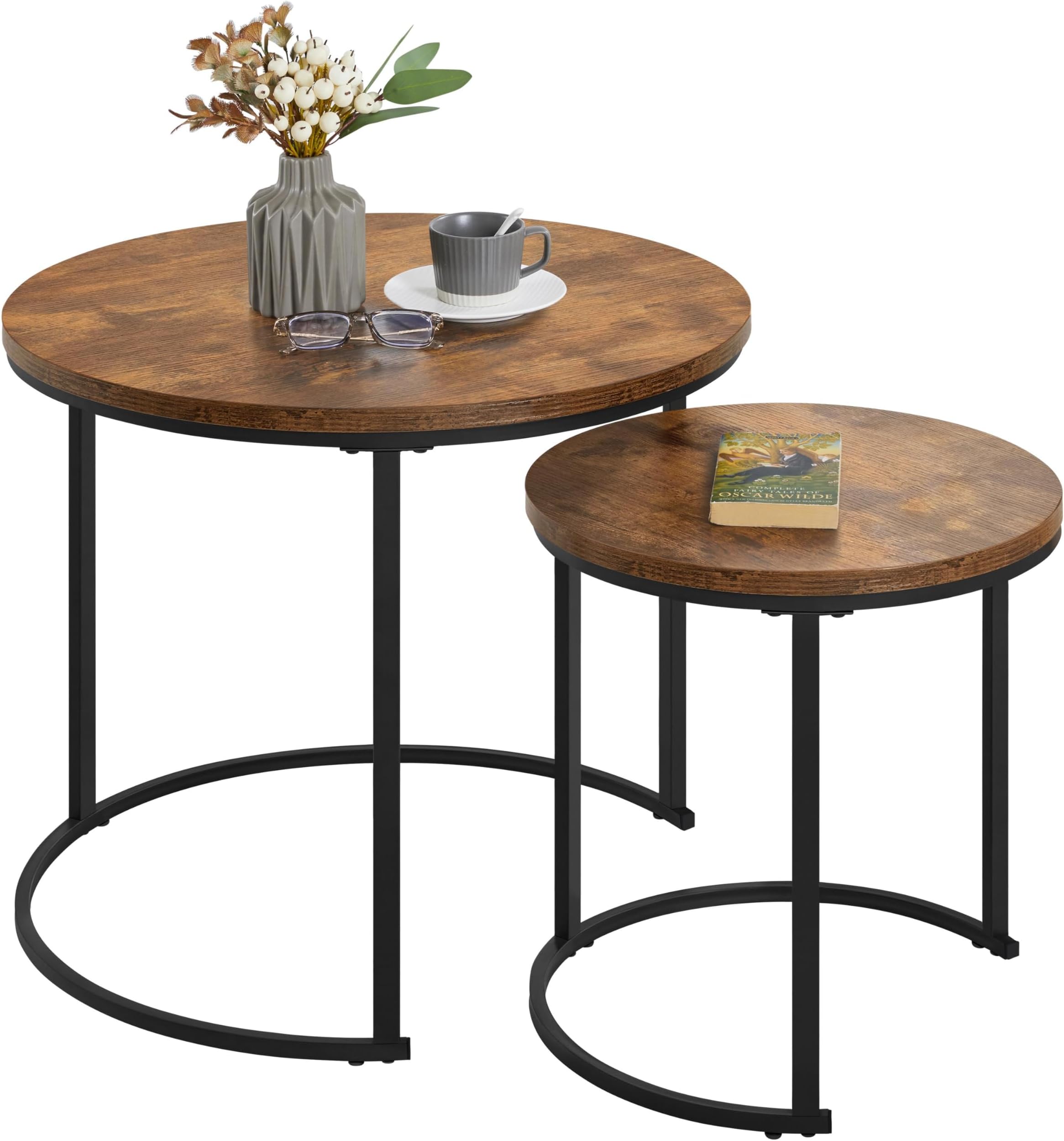 Yaheetech Nesting Coffee Table, Round Coffee Table for Living Room, Nesting Table with Wooden Tabletop and Sturdy Metal Frame, Stacking Living Room Tables Nesting End Table Set of 2, Rustic Brown