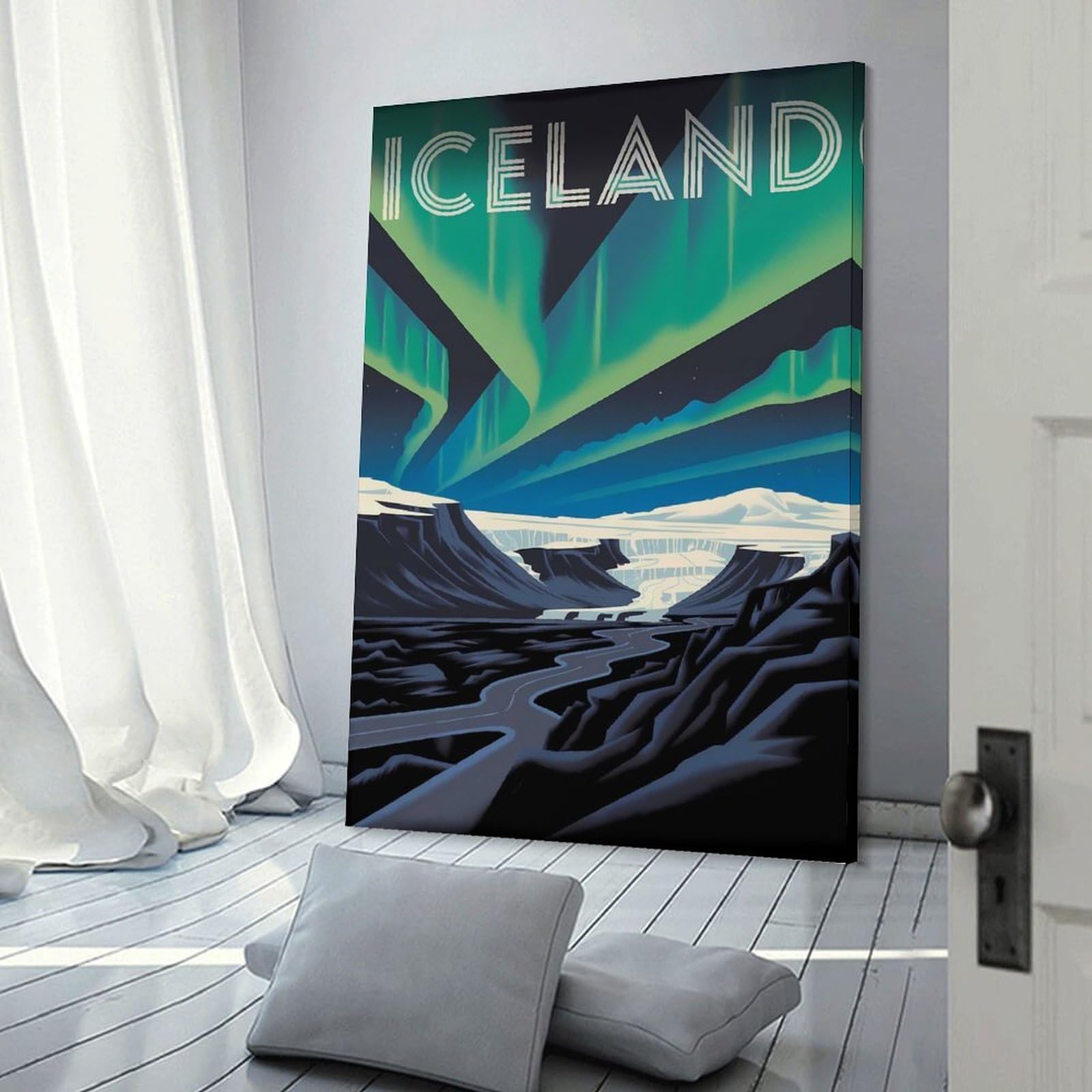 Junmoney Frame-Style-1 Iceland Aurora Landscape Art Deco Wall Art Print, 12X18inch(30X45cm), For Study, Office Or Focused Interiors, Home Office Artwork With Decorative Appeal