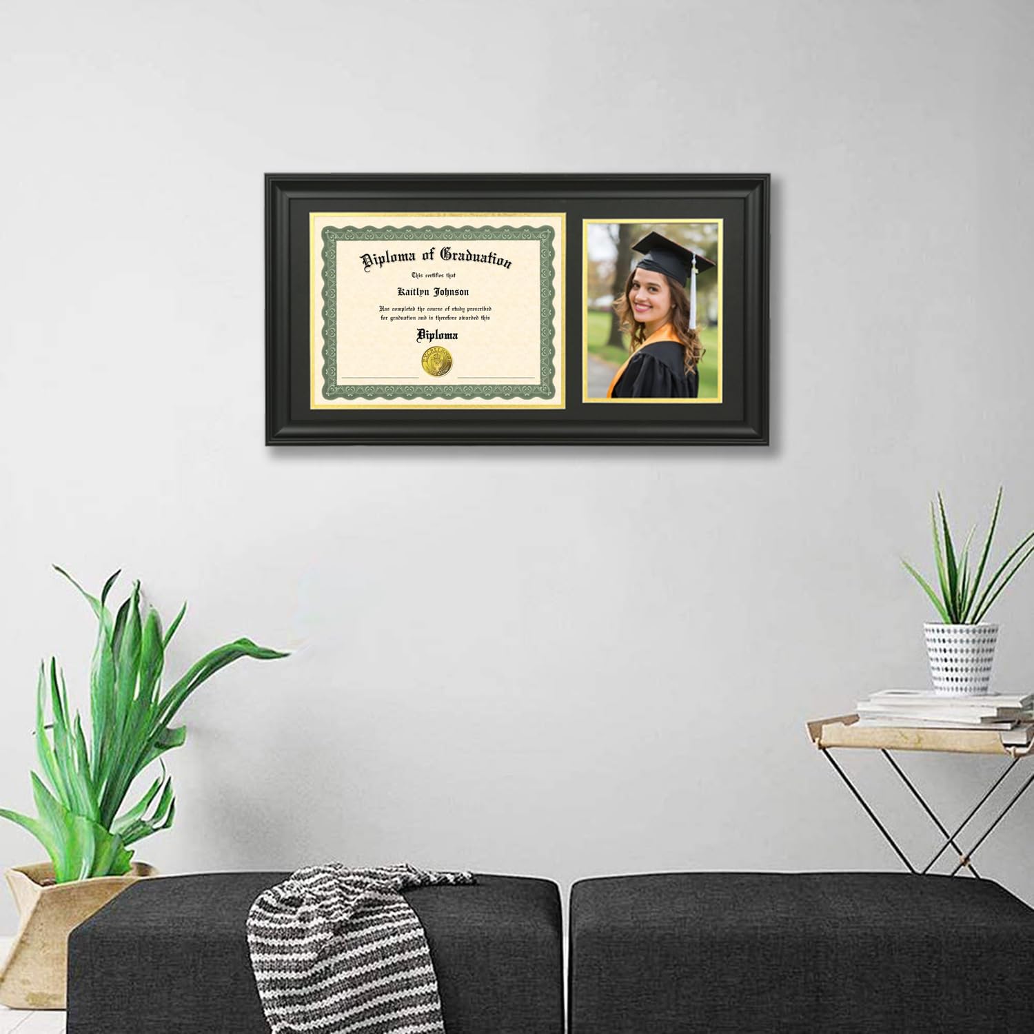 LTYHHK Diploma Frame with Picture Solid Wood,Displays 8.5x11 Document/Certificate & 6x8 Photo with White Over Gold Mat or 10x20 Inch Without Mat, Certificate Frame 8.5x11 Diploma Frames Black