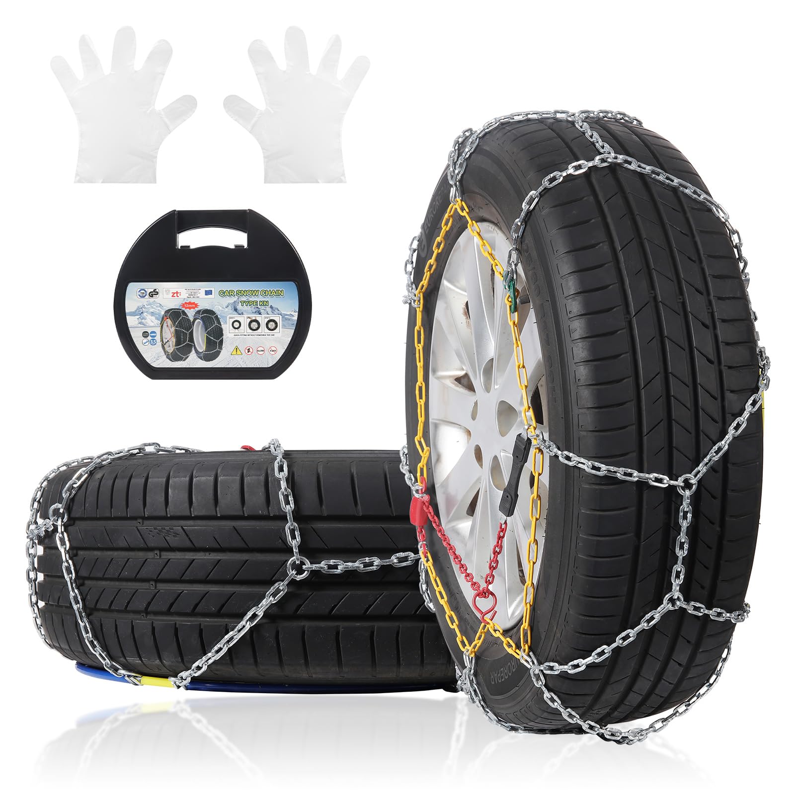 Snow Chains for Car SUV Pickup Trucks, Set of 2 Universal Anti Slip Snow Tire Chains Portable Reusable Alloy Steel Emergency Tire Traction Chain (KN130)