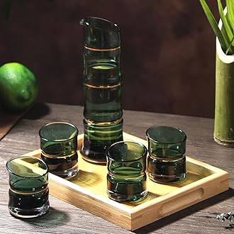 DUJUST Japanese Sake Set for 4, Bamboo Design in Golden Trim, 1 Sake Bottle, 1 Wooden Sake Tray, and 4 Sake Cups, Cold/Warm/Hot Sake Carafe, Special Japanese Gifts Set - 6 pcs (Gradient Green)