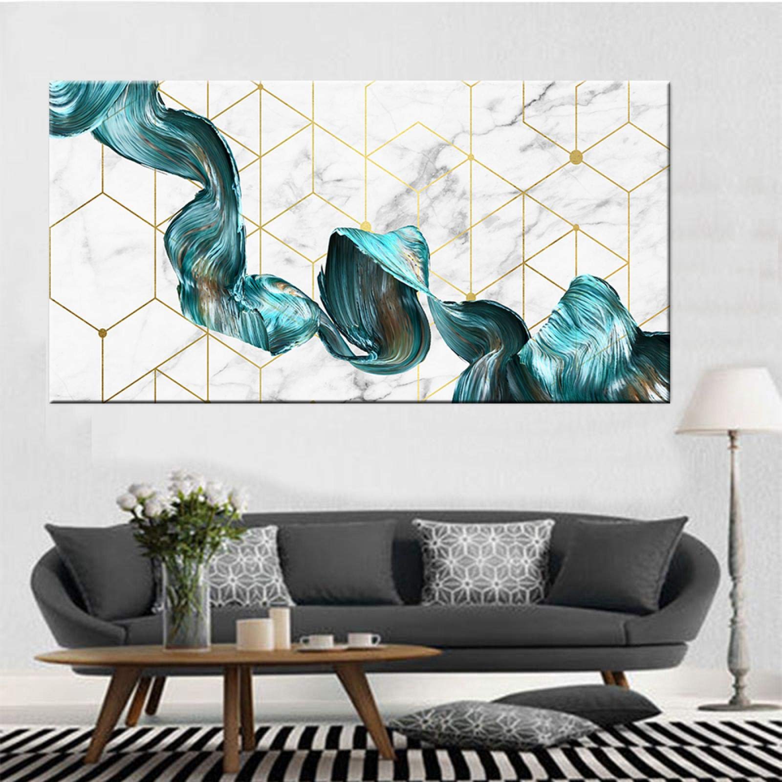 Arte decorativo nórdico abstracto Mármol Textura de mármol Cartel abstracto Arte de pared verde dorado Impresión Lienzo moderno Pintura en tinta 70x140cm (28x55in) Con marco