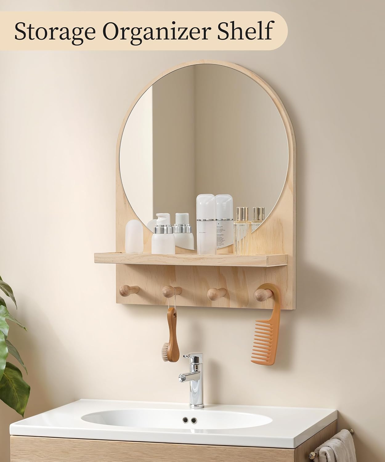 Nursery Mirror, Boho Circle Mirror Wall Mount Natural Wood Shelf Hanging Arch Modern Wall Decor for Nursery Living Room Entryway Hallway Bathroom, 14x18 Inch