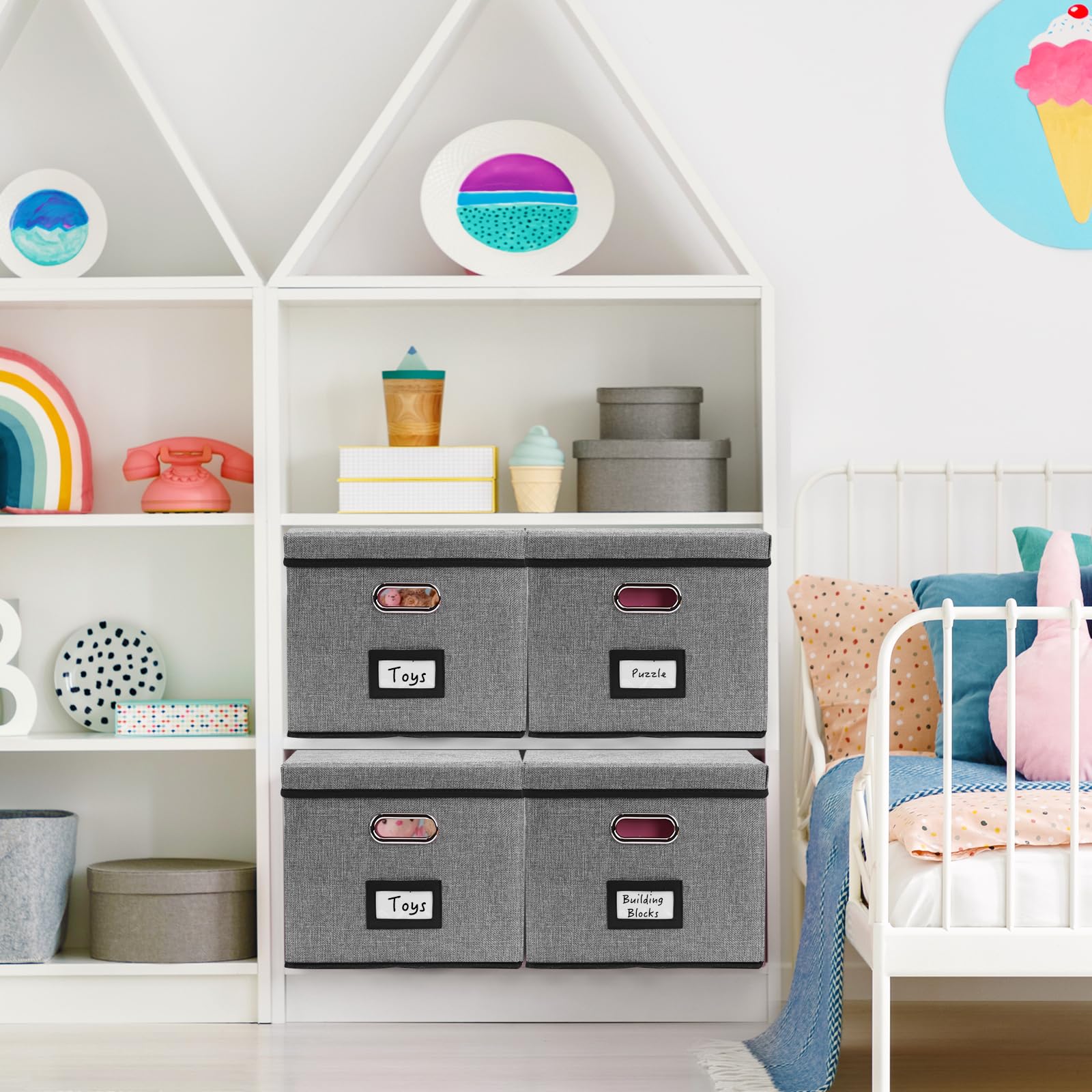 EOOUT 4 Pack File Organizer Box File Filing Box File Folder Storage Hanging File Organizer Letter Size with Handles for Office Home School (Dark Gray)