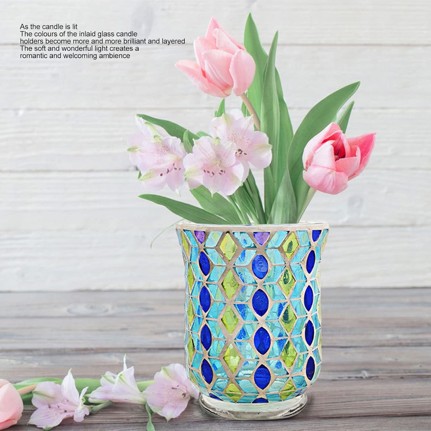 Vintage Pure Handmade Yellow and Blue Leaf Mosaic Patch Glass Candle Holder Hand Made Candlestick Stand for Weddings Parties and Home Candlelight Dinner Decor
