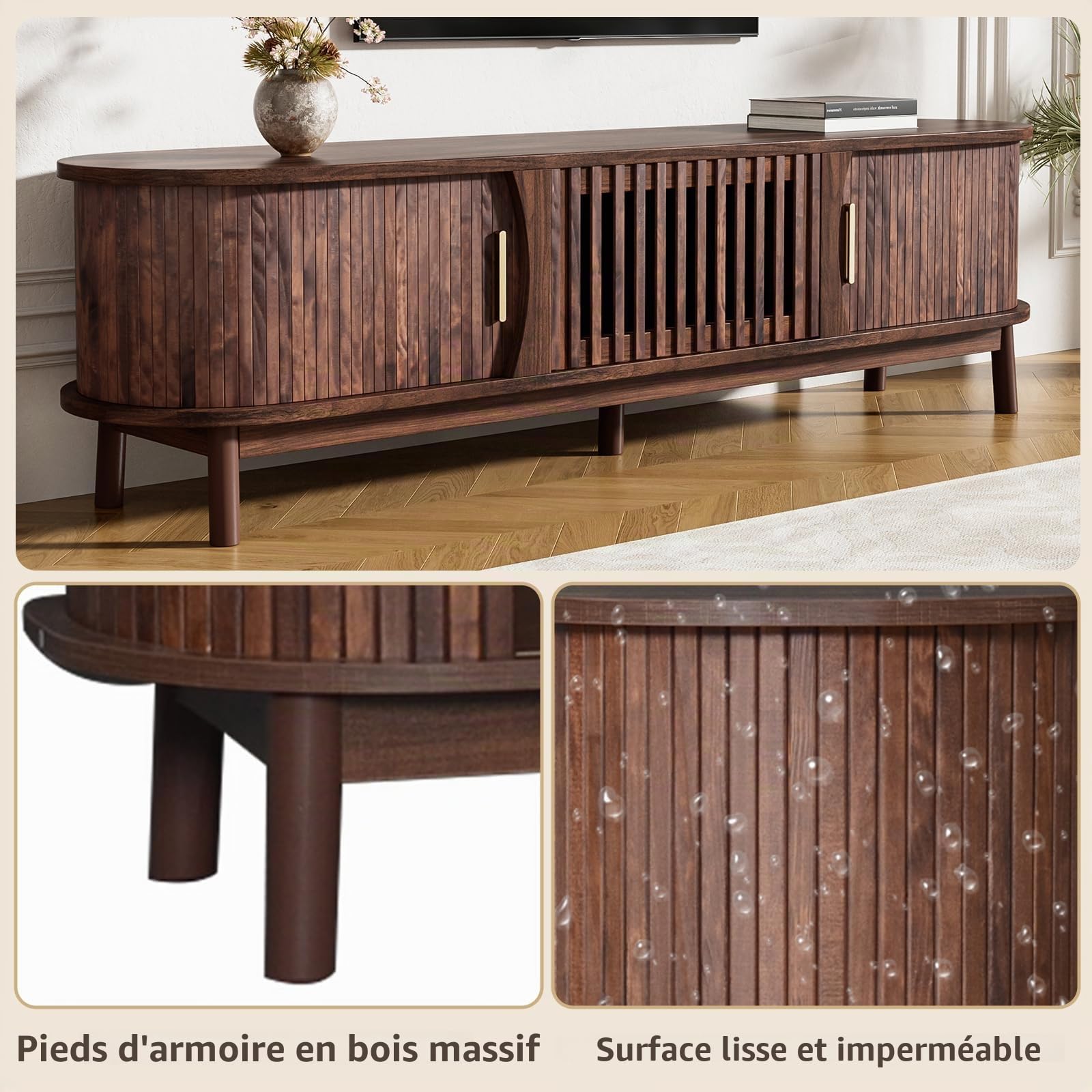 BTM Lowboard TV Marron, Meuble TV Plat avec Porte coulissante, Porte Rabattable vers Le Bas, per Jusqu’à 65 Pouces, avec Pieds, 165x40x46cm