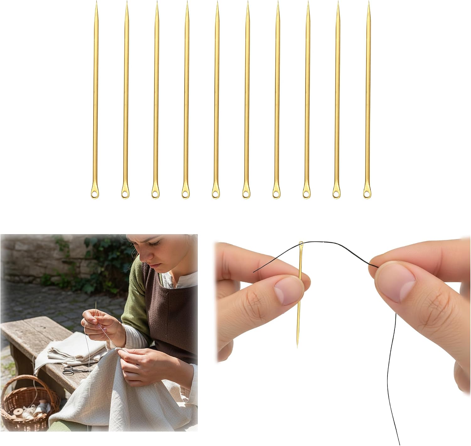 Lord of Battles Medieval Needle Viking Embroidery Needle Handmade Knitting Needles Binding Tool, Multipurpose Weaving/Knitting/Stitching Needles for Craft Work (Set of 10, Brass Needles - 2.3")