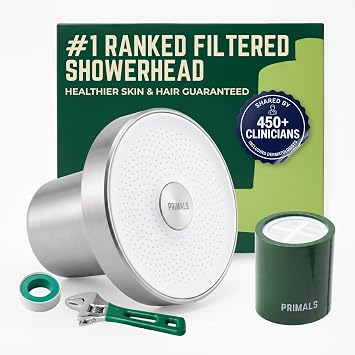 PRIMALS Filtered Shower Head - Removes Chlorine, Fluoride, Heavy Metals & Other Harmful Substances - Reduces Hairloss, Dry Itchy Skin, Eczema & Dandruff - Luxurious Water Pressure - Brushed Nickel