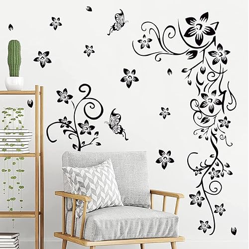 Miniatura 6 de LiveGallery Calcomanías de pared de flores de vinilo negro extraíbles para decorar vides de flores y mariposas, decoración artística para