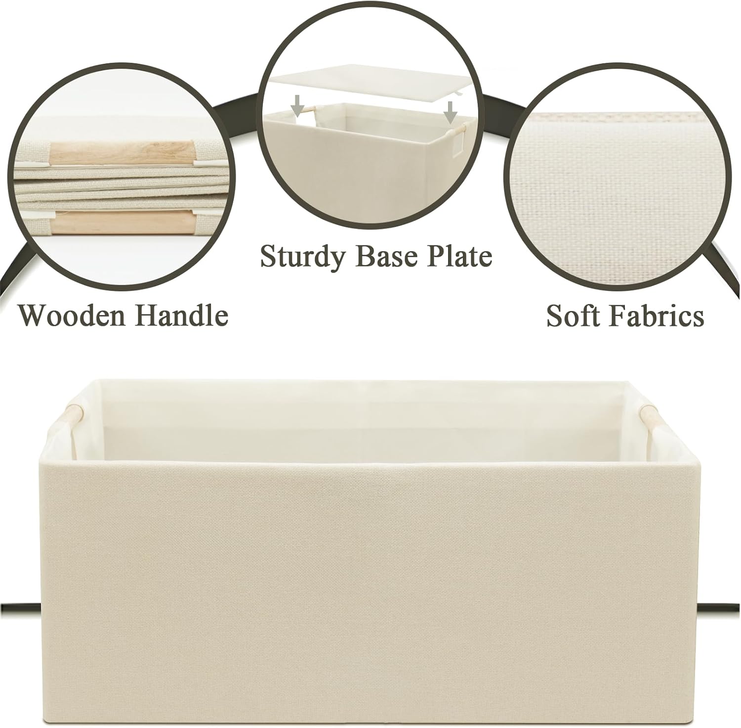Foldable Fabric Storage Cubes, 2 Packs Cloth Storage Baskets with Wooden Handles, Collapsible Shelf Closet Organizer Bins, Rectangular Storage Boxes for Decor (Beige 2 Pack)
