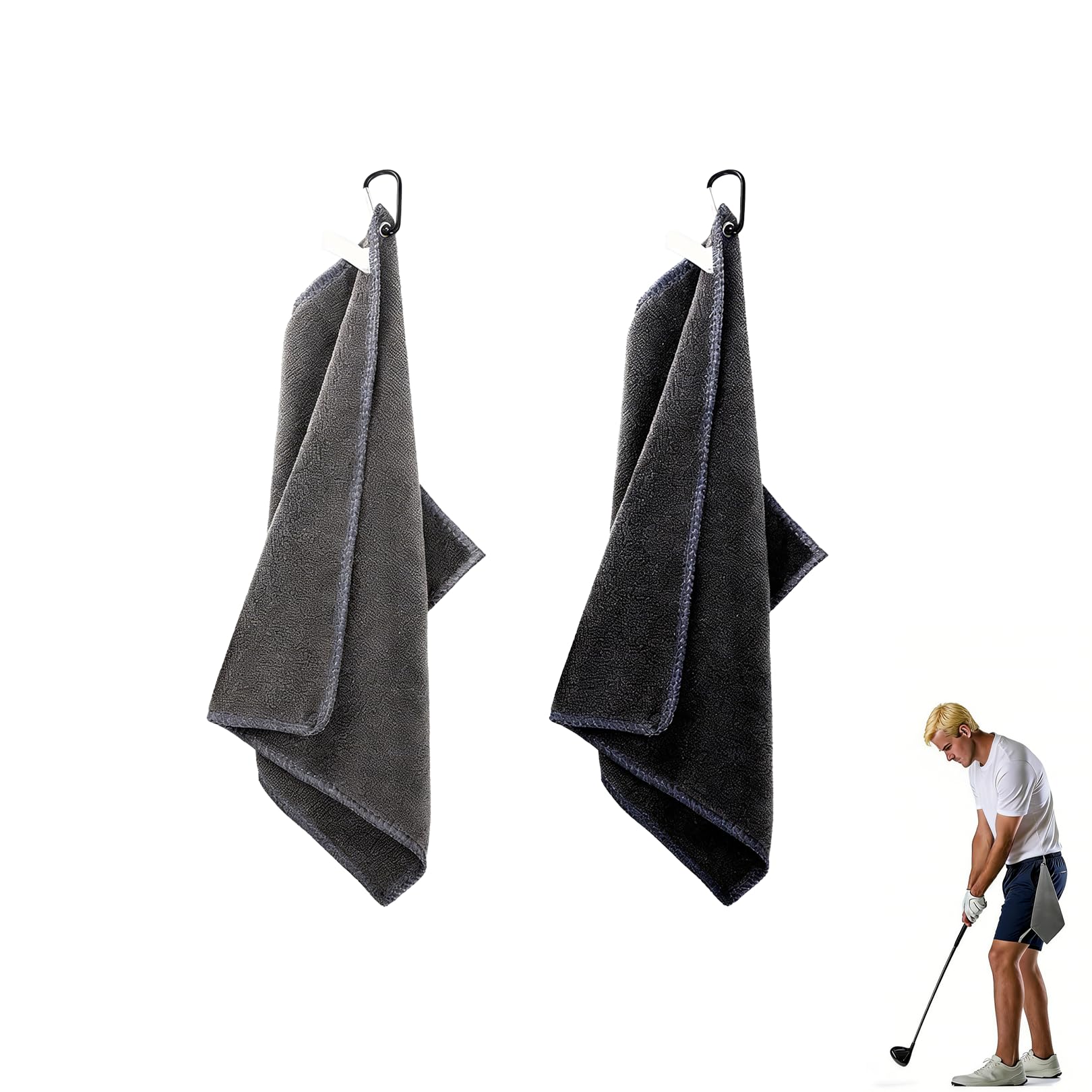 2Pcs Golf Towels,black grey golf hand gym towels for golf bags with clip,with Carabiner Multifunction Absorbent Cleaning Towels for Fitness Sport Outdoor Yoga Course Practice,Durable Portable(30*30cm)