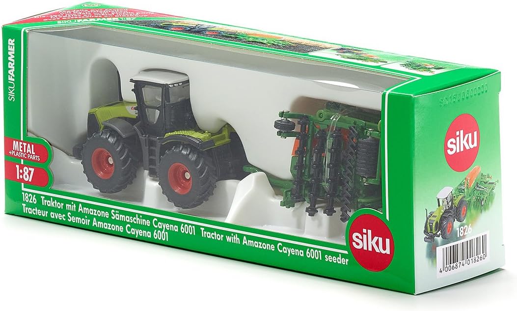Siku 1826, Class Xerion Tractor with Amazone Cayenna 6001 Seeder, 1:87, Metal/Plastic, Green, Opening Filling Flap on Seeder