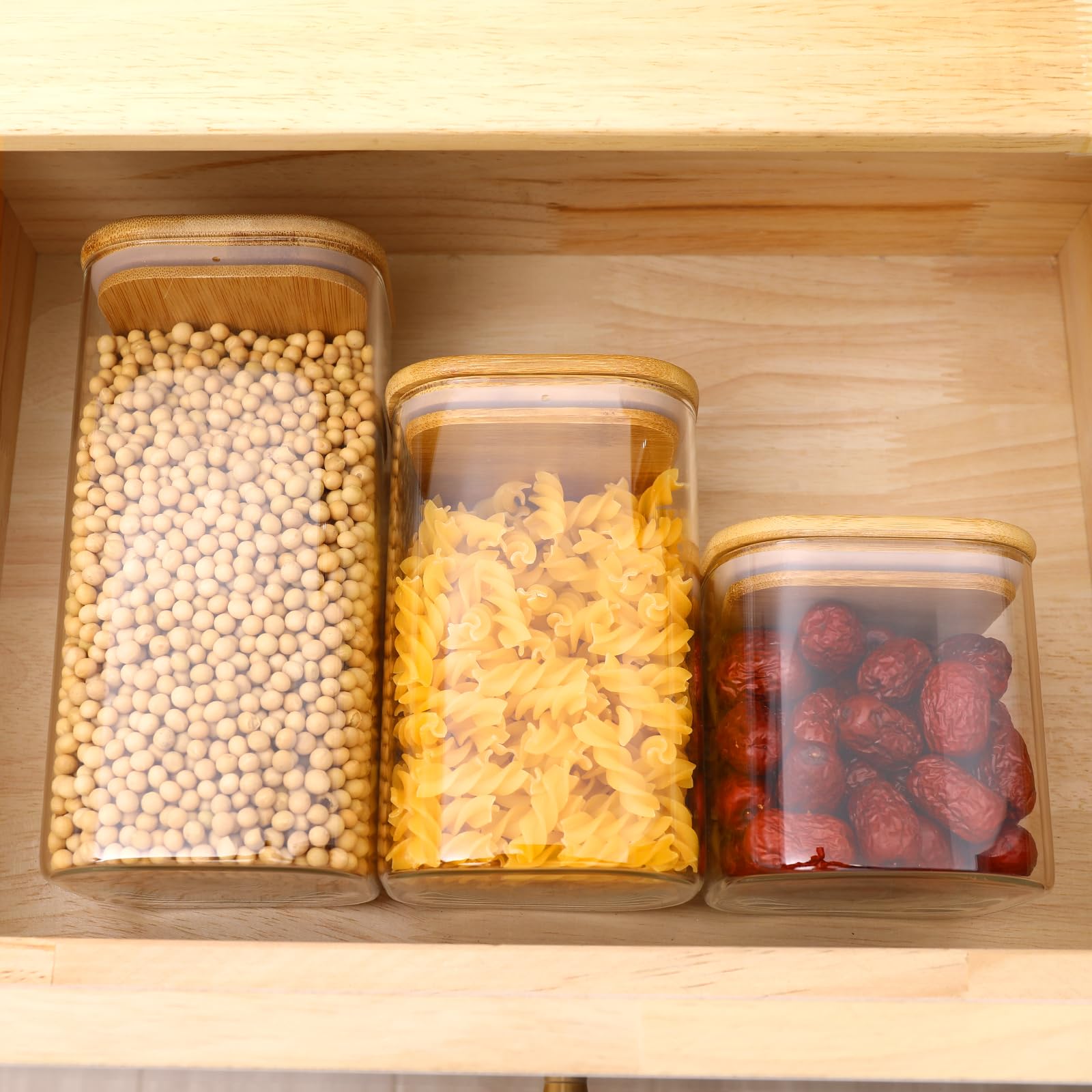 Vorratsdosen aus Glas mit Deckel (680 ml, 1,4 l, 1,4 l, quadratisch, 6 Stück, Glasbehälter, Lebensmittelbehälter mit Bambusdeckel, luftdicht, zum Servieren von Tee, Kaffeebohnen, Süßigkeiten, Gewürzen