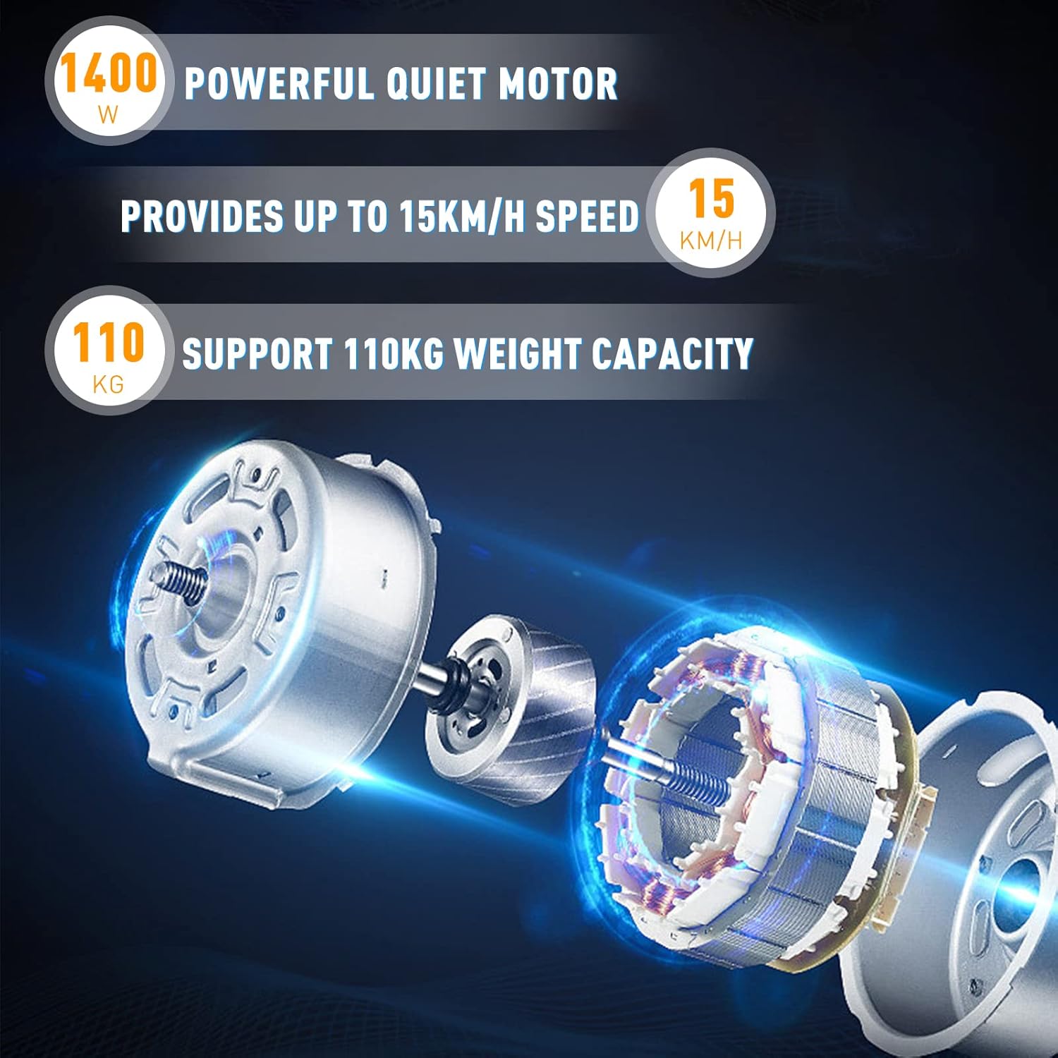 Diagram illustrating the powerful motor of the GEARSTONE treadmill, showing 1400W power, 15 km/h max speed, and 110 kg weight capacity