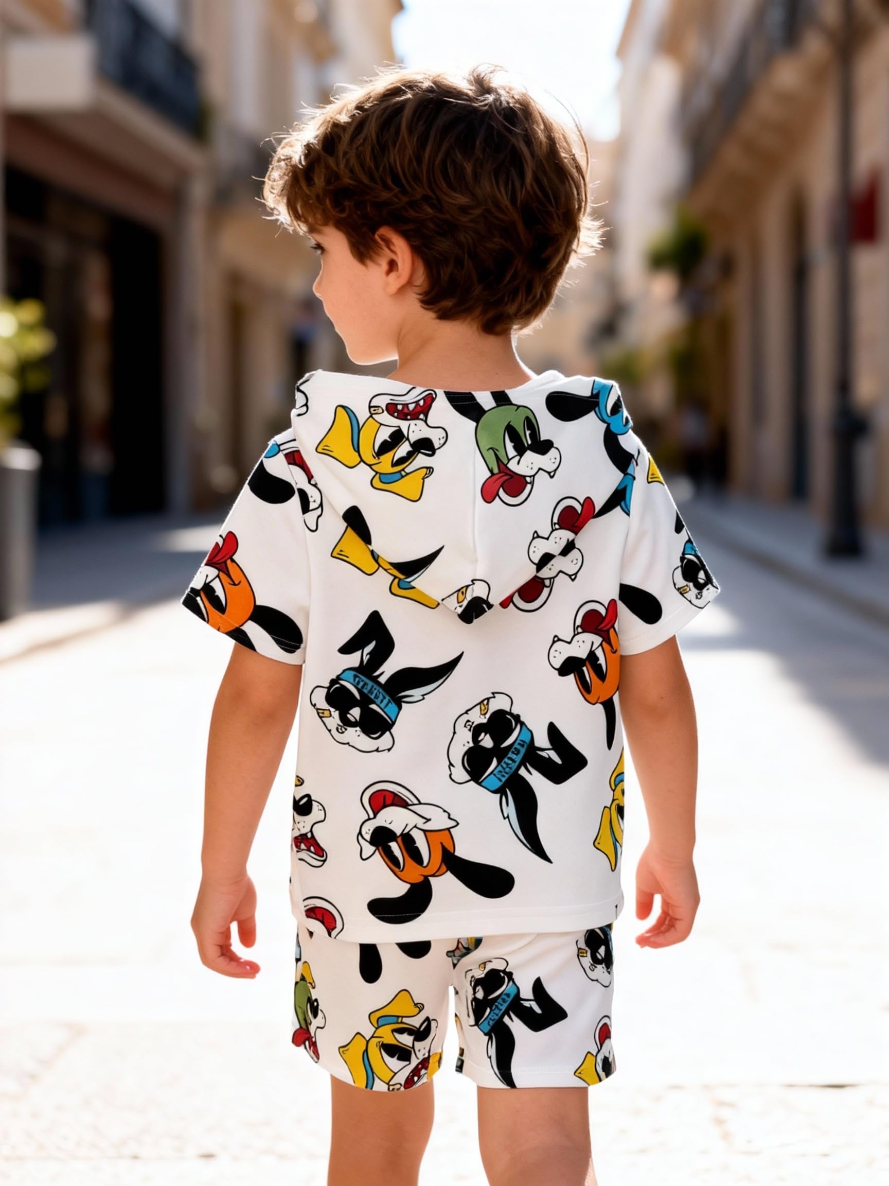 Conjunto de 2 piezas con estampado de dibujos animados, camiseta de manga corta con capucha y pantalones cortos para niños y niñas, ropa casual de verano — view 5
