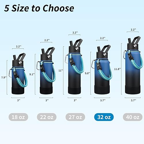 Miniatura 5 de BJPKPK Botellas de agua aisladas de 32 onzas con 3 tapas, mango de paracaídas y funda antideslizante, botella de agua de metal de acero inoxidable,