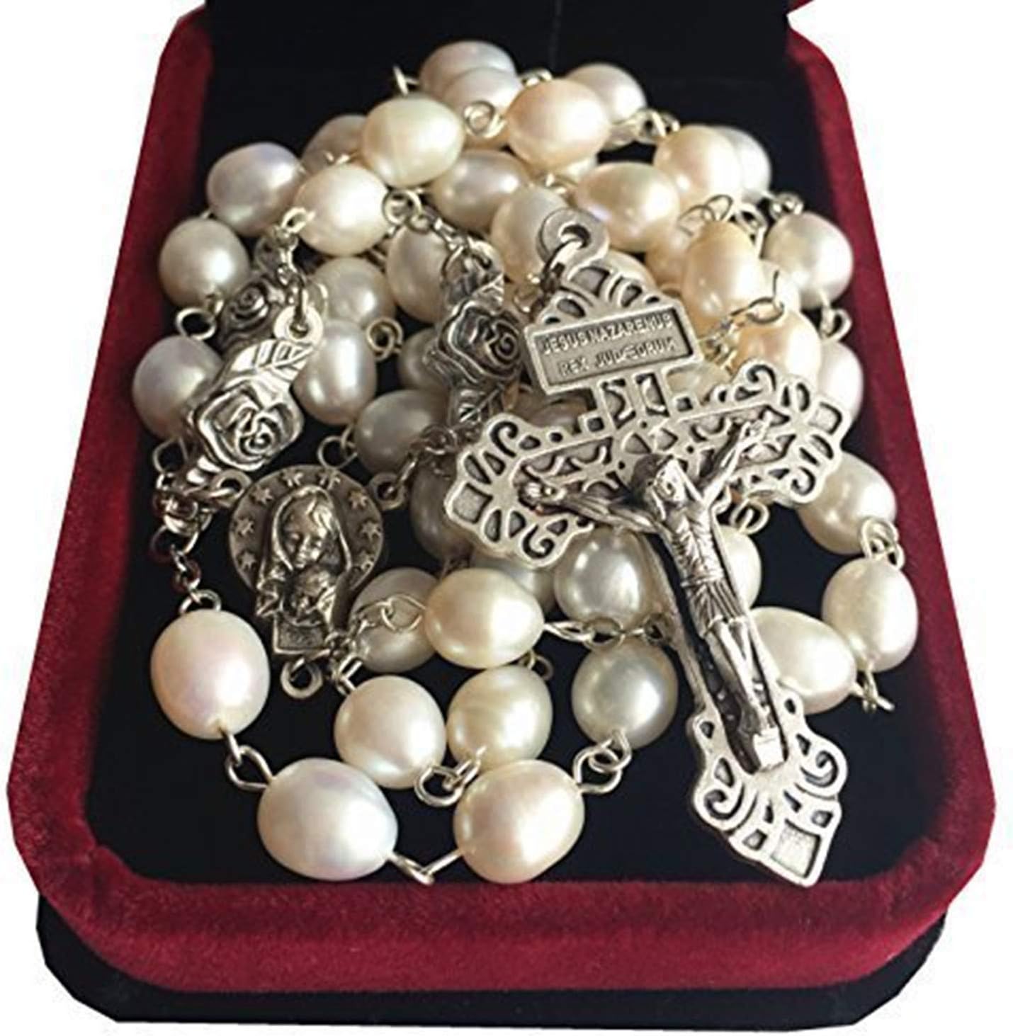 elegantmedical 8-9mm pearl silver beads rosary crucifix jesus cross catholic necklace box - Image 2