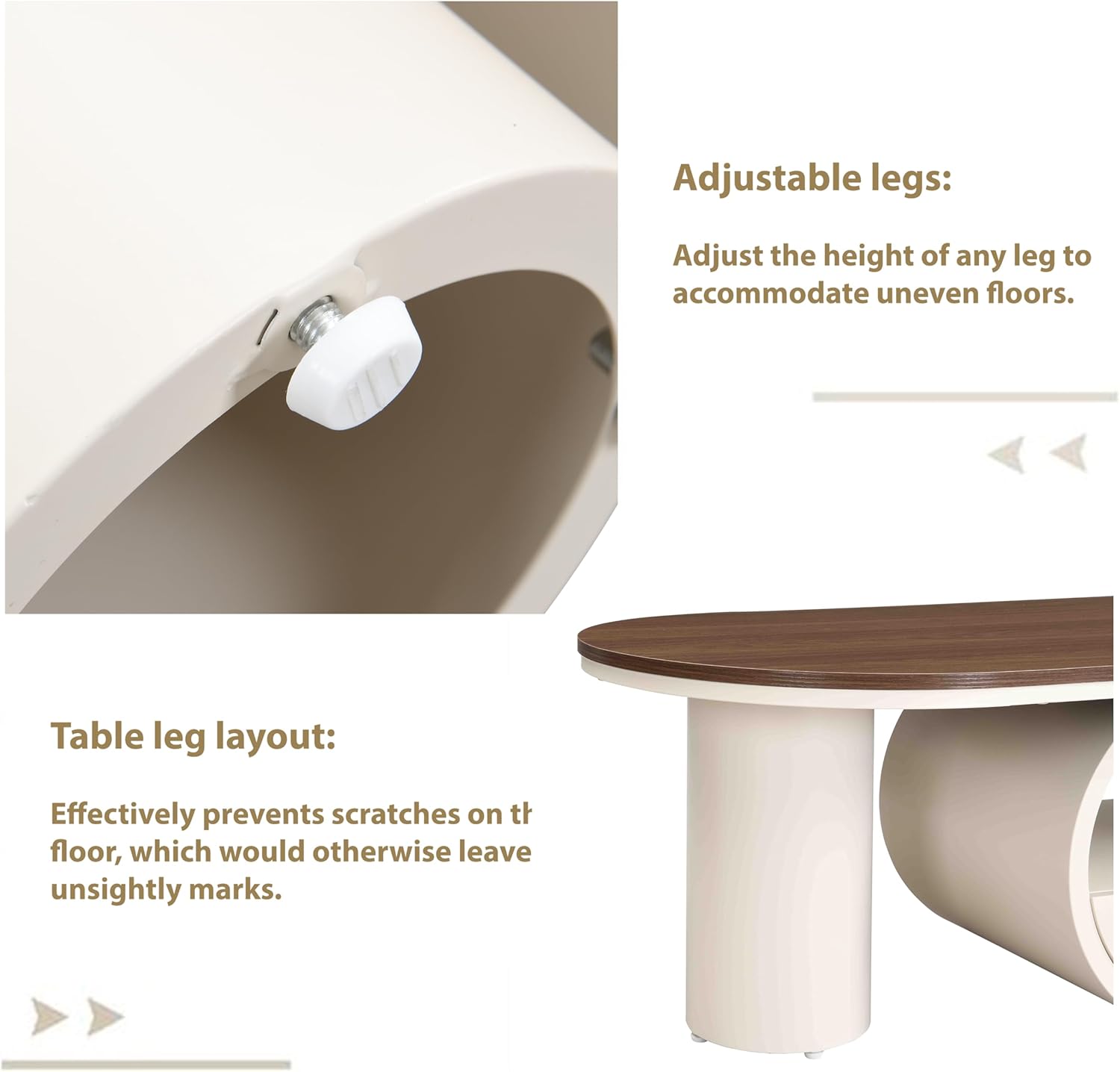 Luxury Oval Coffee Table, 47'' Modern Living Room Table with Storage Drawer, Wooden Wulnut MDF Top Sturdy Metal Base Beige White, Large Center Tables for Home Apartment