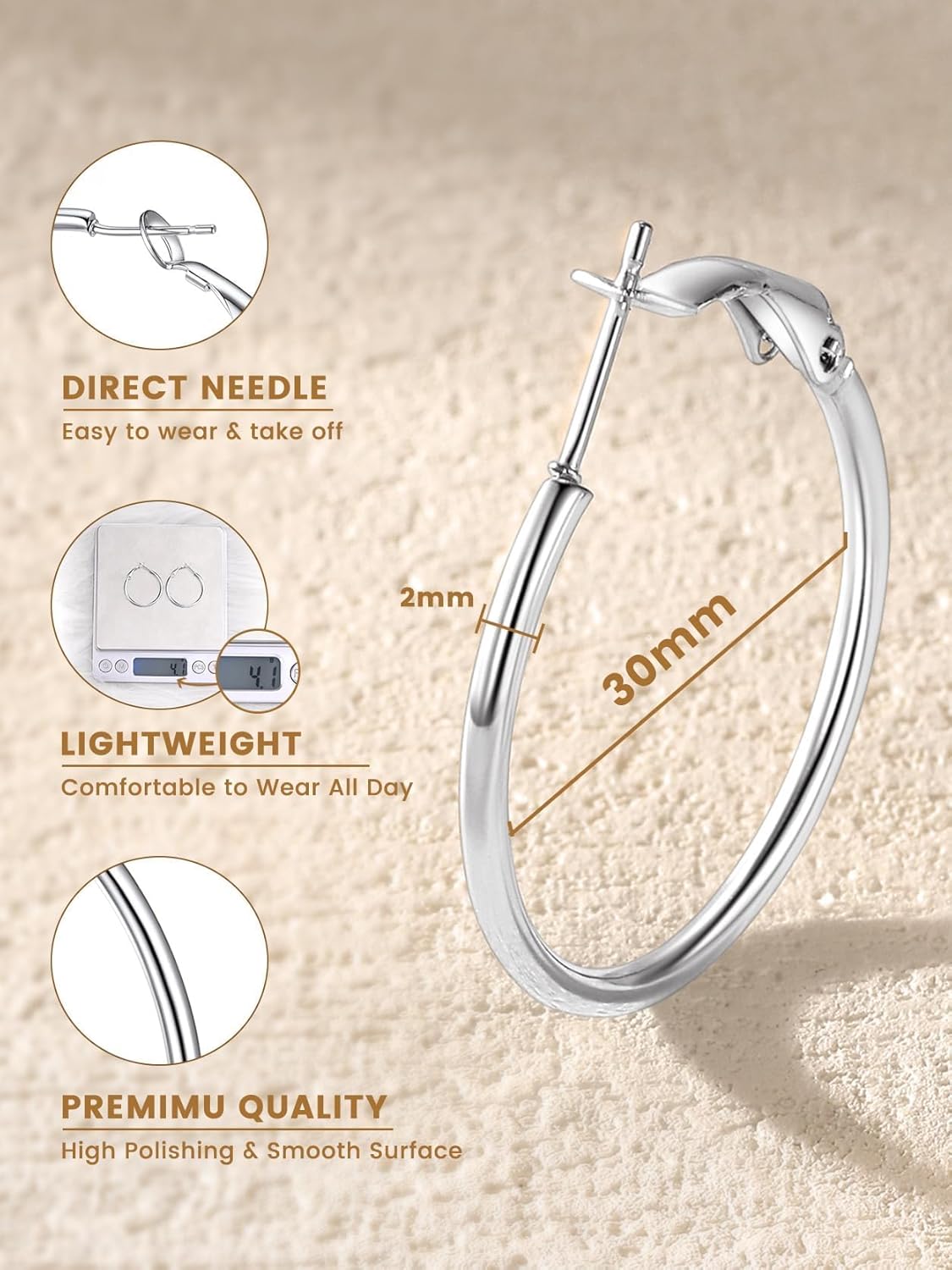 KeyStyle Gold Hoop Earrings for Women, Stainless Steel Hoops Earring Lightweight Loops, 2 mm Thick Hypoallergenic Circle Endless Thin Hoop (30 mm,50 mm,70 mm,100 mm) - Image 4