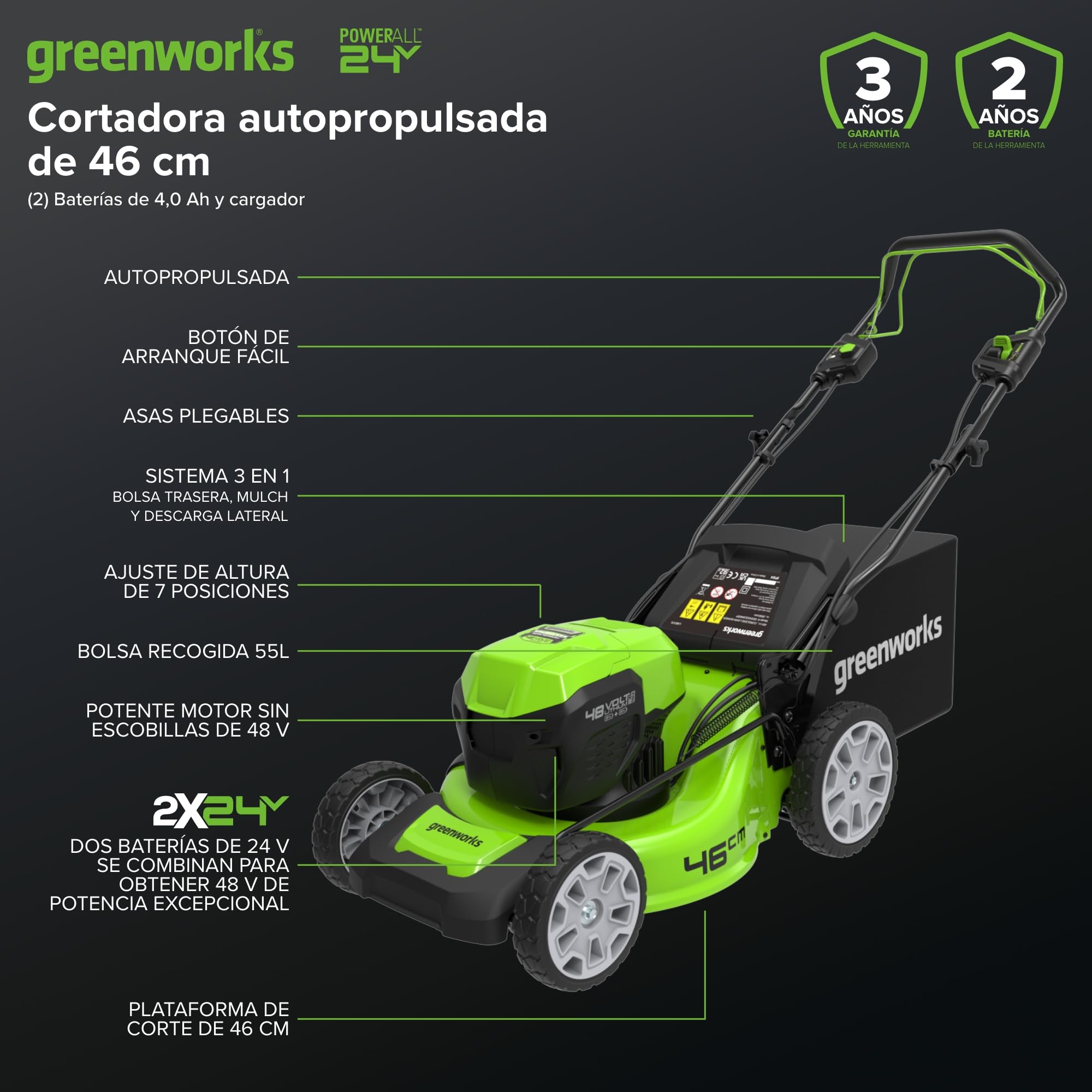 Greenworks 48V (24V x 2) Cortacésped de Batería Autopropulsada para Céspedes Grandes Hasta 480 m², Ancho de Corte 46 cm, Bolsa de 55L MÁS Dos Baterías 24V de 4Ah y Cargador Doble,GD24X2LM46SPK4X