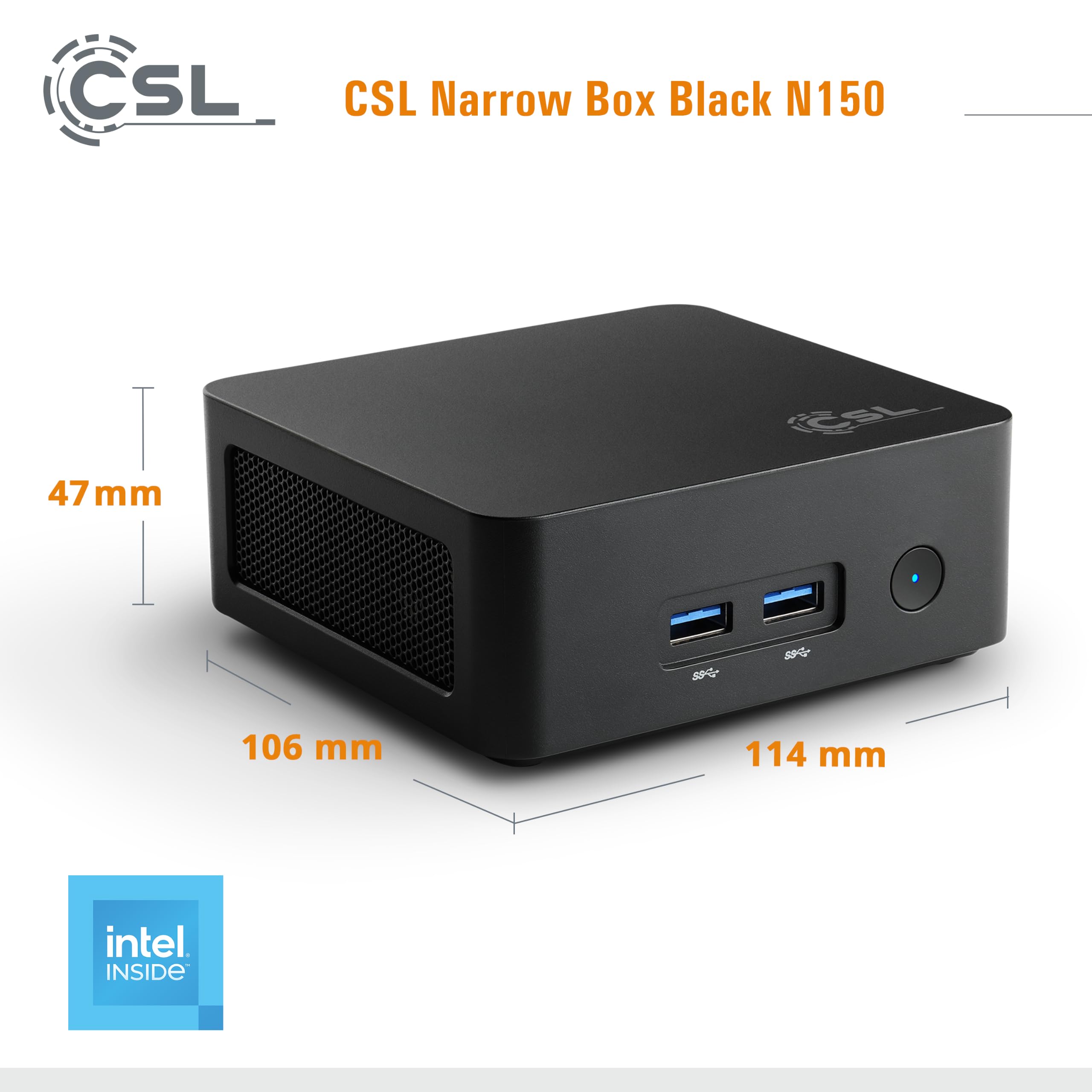 Mini PC CSL Narrow Box Black Windows 11 Home, Intel N150 4X 3600 MHz Turbotakt, 256 GB M.2 SSD, 8 GB DDR4-RAM, Intel UHD Grafik, HDMI 2, USB 3.2, BT 5.2, AX WLAN