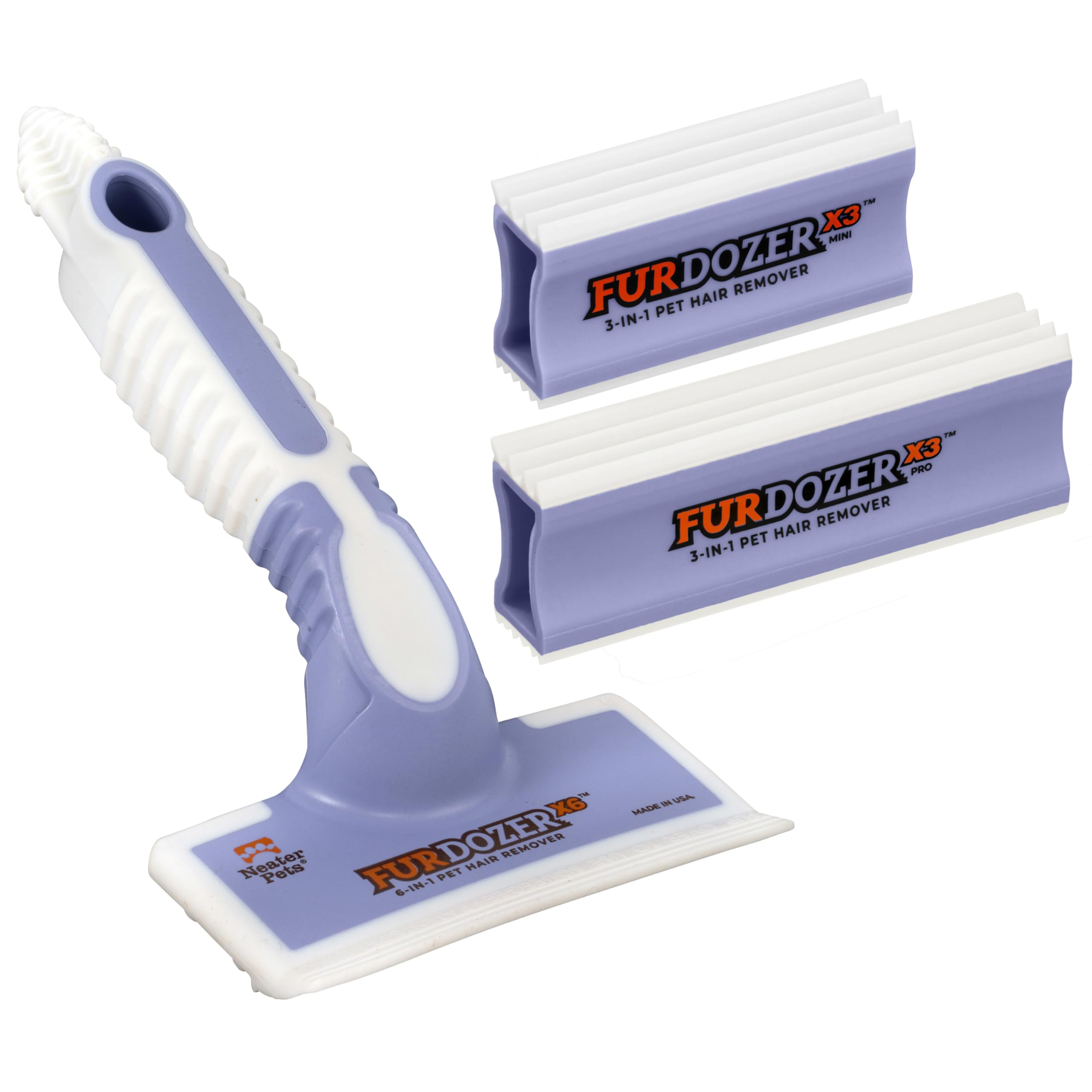 FurDozer Pet Hair Remover & Auto Detailing Tools - Cat & Dog Hair Remover for Carpets, Car Interiors, Couches, Bedding, & Pet Furniture (Purple, (3