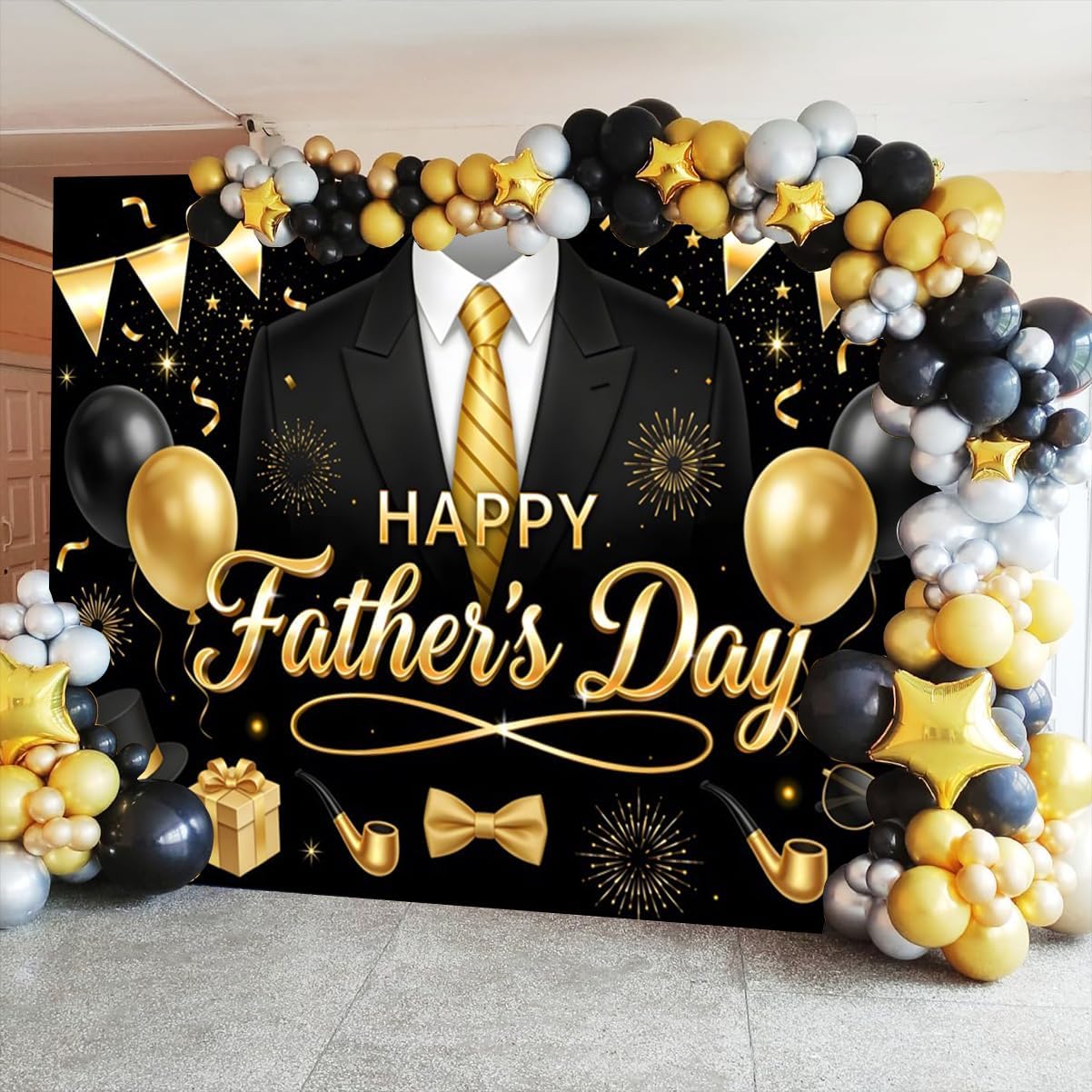 Fathers Day Backdrop 10x10ft Balloons Black Gold Happy Father's Day Photo Backdrops Father's Party Decorations Family Photography Background Decor Photo Booth Props