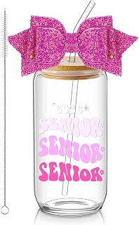 Hushee Class of 2026 Senior Night Gifts 16 oz Glass Water Bottle with Lids Straws Glitter Bow Straw Topper Senior 2026 Tumbler Graduation Gift for Her Women Team Coach Player(Pink)
