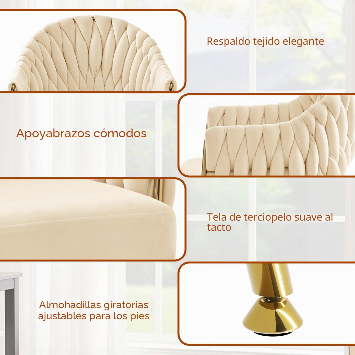 Juego de 2 sillas de Comedor de Terciopelo, sillones de salón, sillas de Comedor con reposabrazos, sillas de Cocina con Respaldo Alto Trenzado a Mano, Silla de tocador con Patas Doradas,Blanco