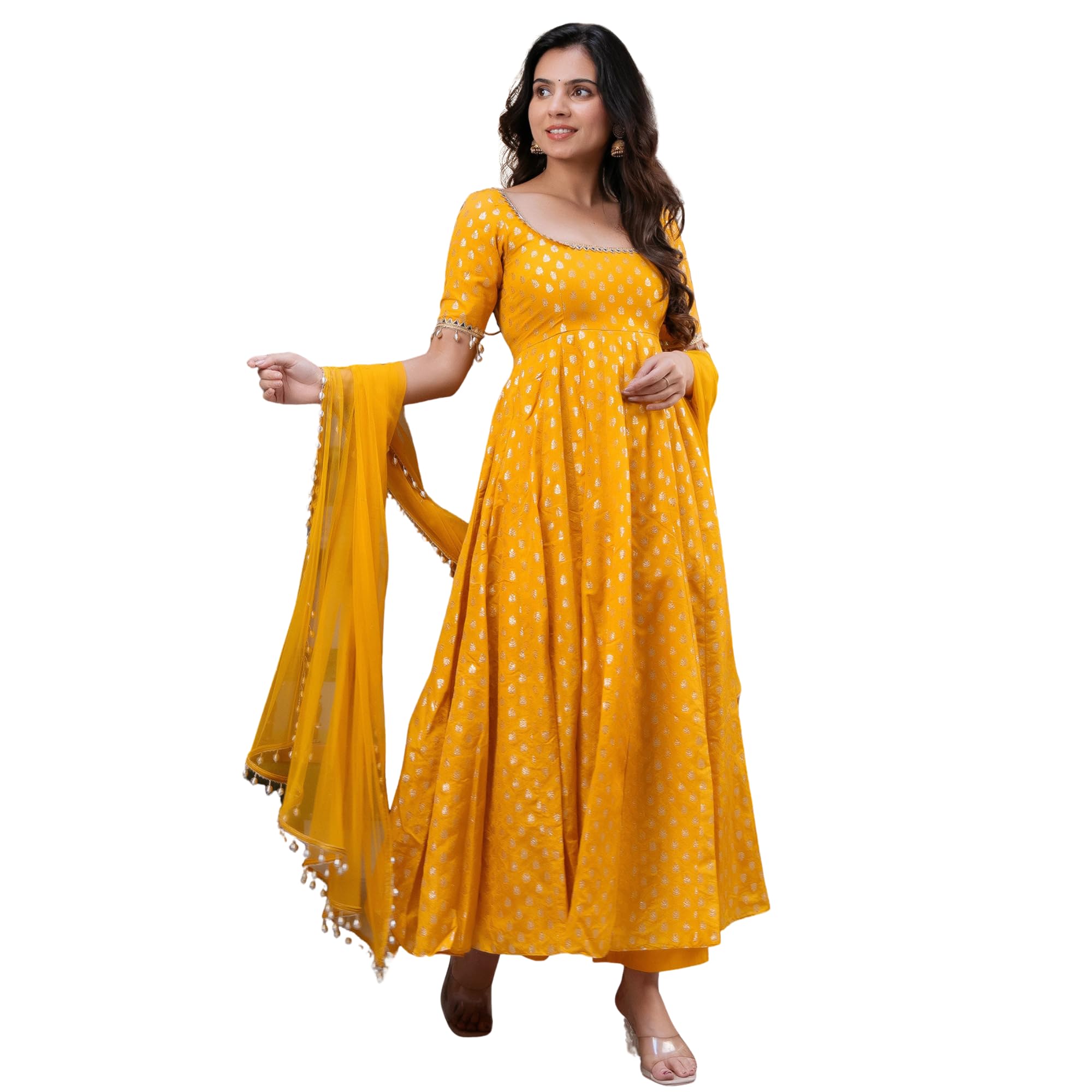 Women's Chanderi Jacquard Anarkali Kurta Pant with Faux Georgette Dupatta Set | Embroidered Mirror Work Ethnic Suit | Flared Traditional Dress for Wedding Festive Party-picture-25