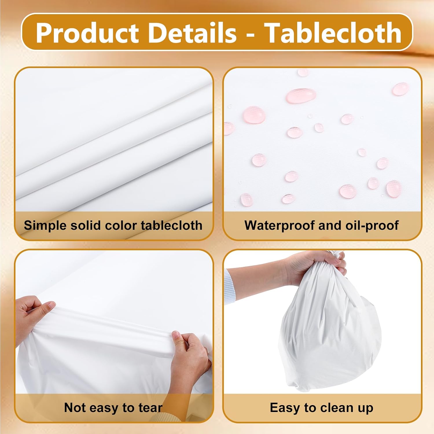 16 PCS Round Plastic Tablecloth and Satin Table Runner, White and Gold Disposable Tablecloth, 84" Plastic Table Cover 12x108'' Runners Set, TableCloths for Wedding Birthday Party Bridal Shower