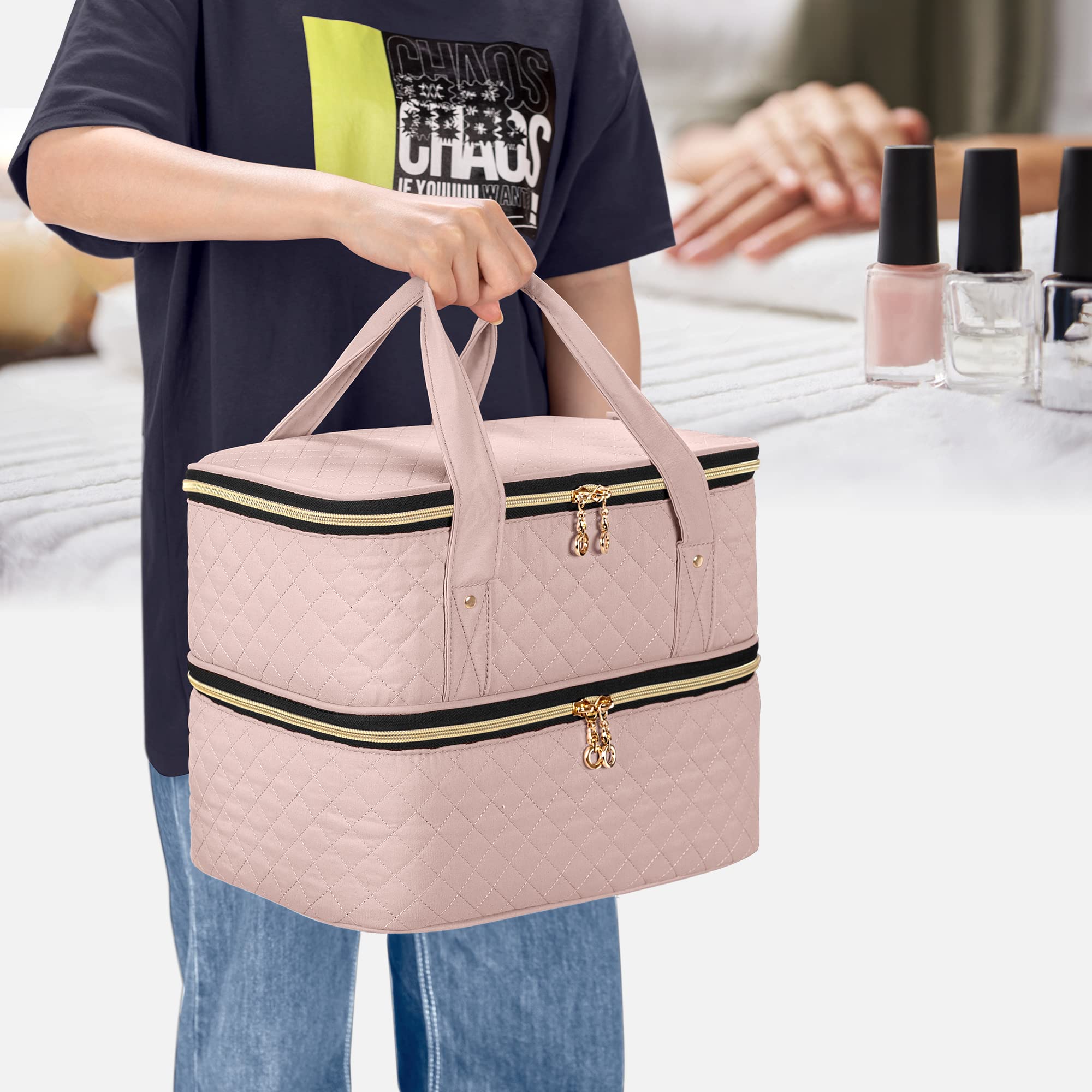Yarwo Valigetta Porta Smalti e Lampada Unghie UV, Borsa Organizer per Smalti per 50 Flaconi(15ml - 0.5 fl.oz) Staccabile a 2 Strati, Custodia per Strumenti per Unghie, Rosa Pallido