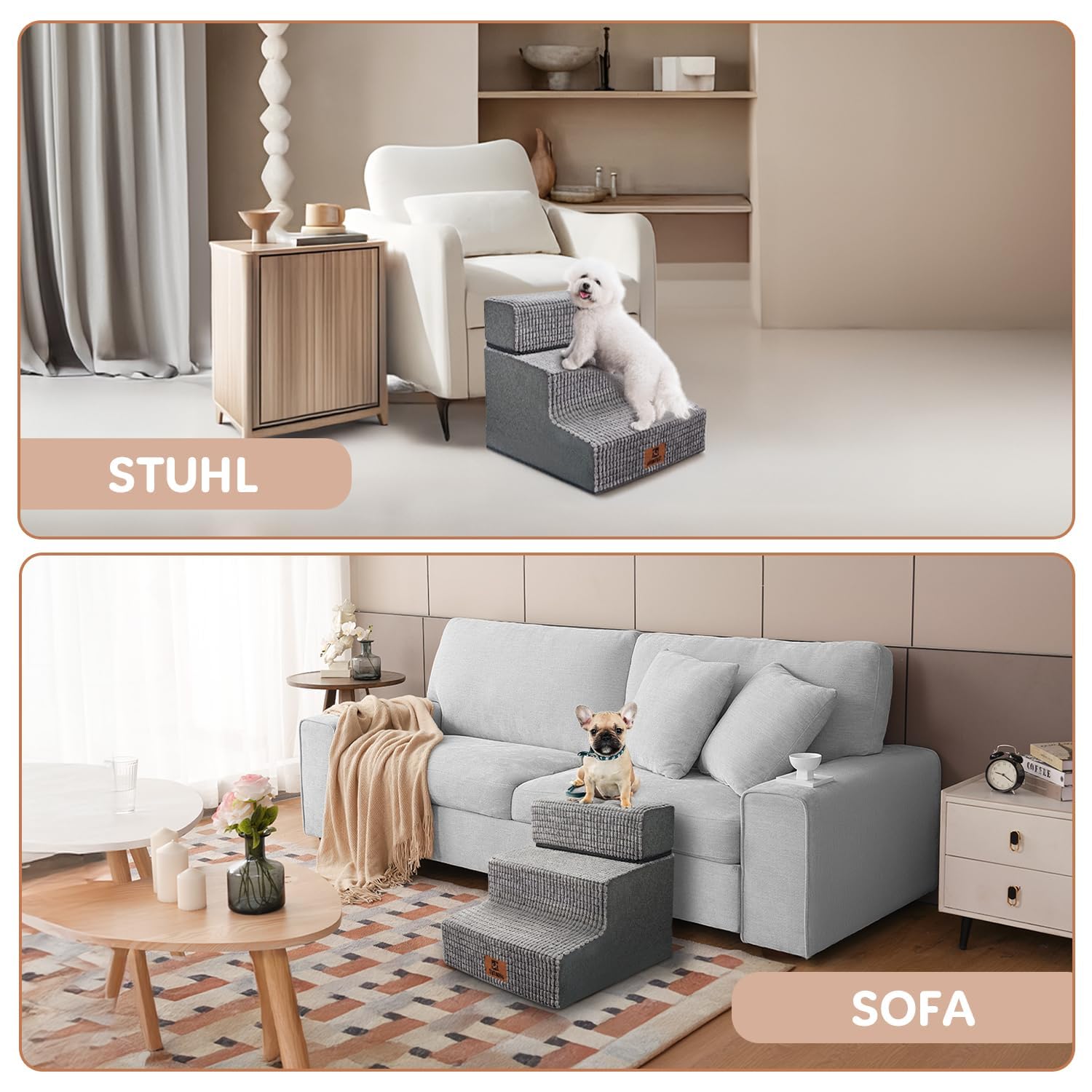 Sytopia Hundetreppe 3 Stufen, 34 cm hoch, Katzentreppe für Bett und Sofa, bis 30 kg, Haustiertreppe für kleine Hunde und Katzen, 30D Schaumstoff, rutschfest, waschbarer Cordbezug, Grau