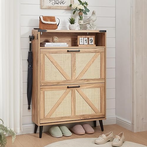 Armario de almacenamiento de zapatos, organizador de zapatos de granja con 2 cajones abatibles y diseño de puerta de granero, armario independiente