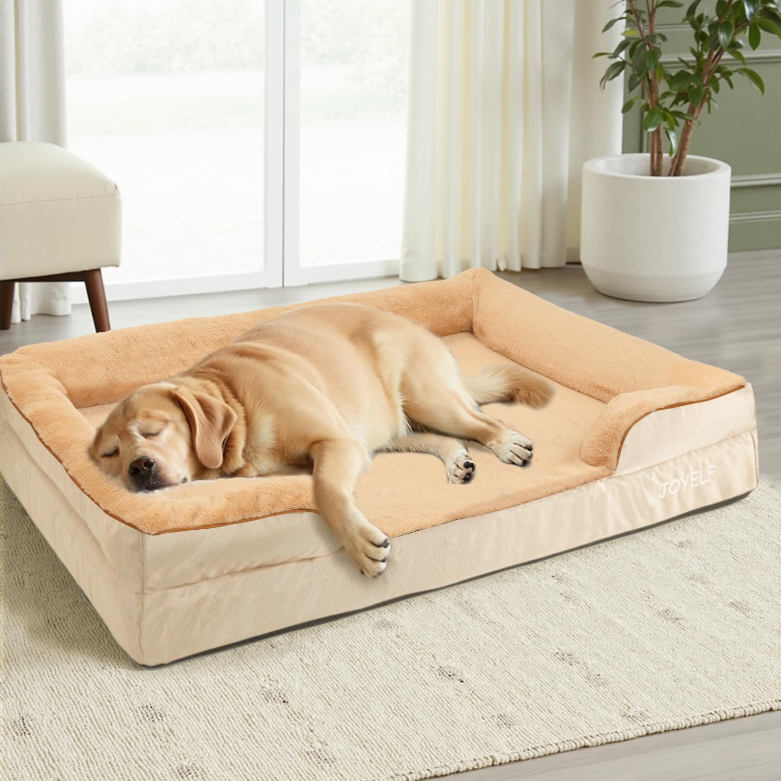 JOYELF Cama Ortopédica para Perros Grandes, Sofá de Espuma, Impermeable con Funda Lavable y Base Antideslizante - Kaki